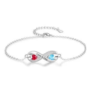 Infinity Diamond Sterling Silver Bracelet - 2 Custom Names & Birthstones