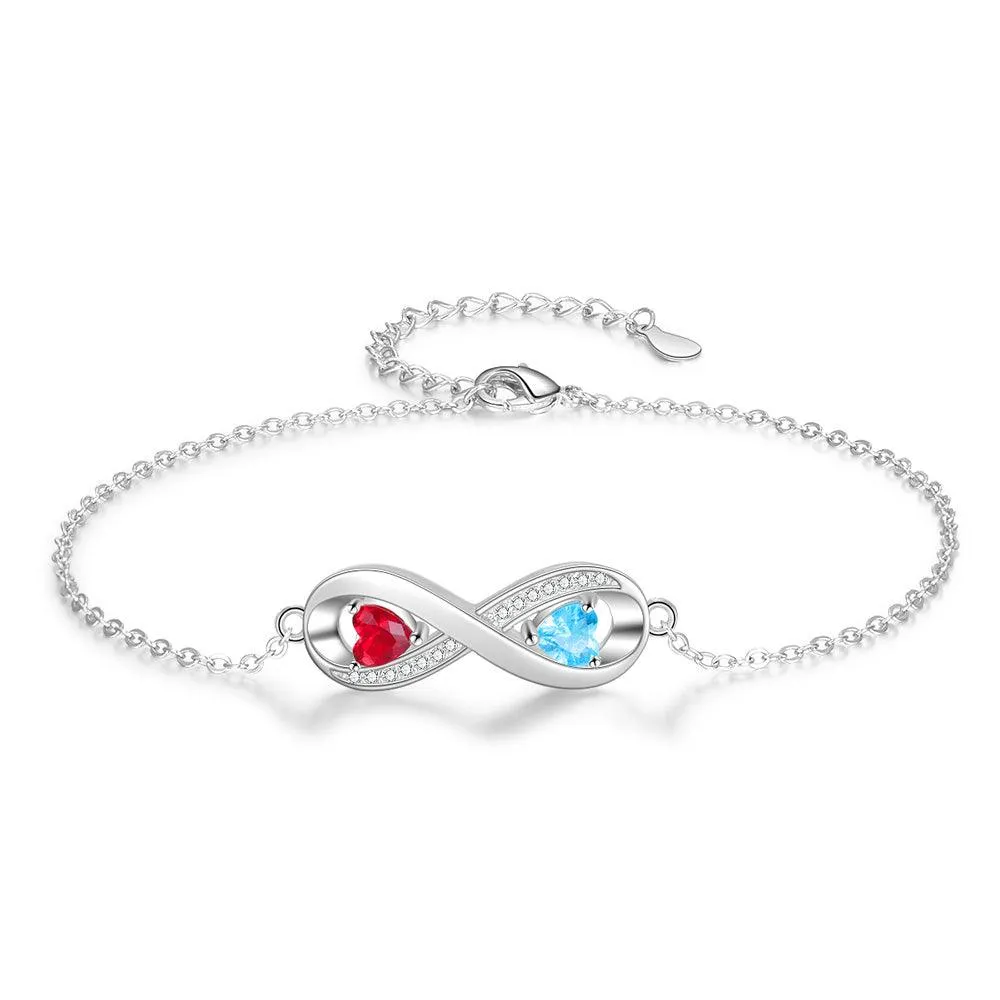 Infinity Diamond Sterling Silver Bracelet - 2 Custom Names & Birthstones