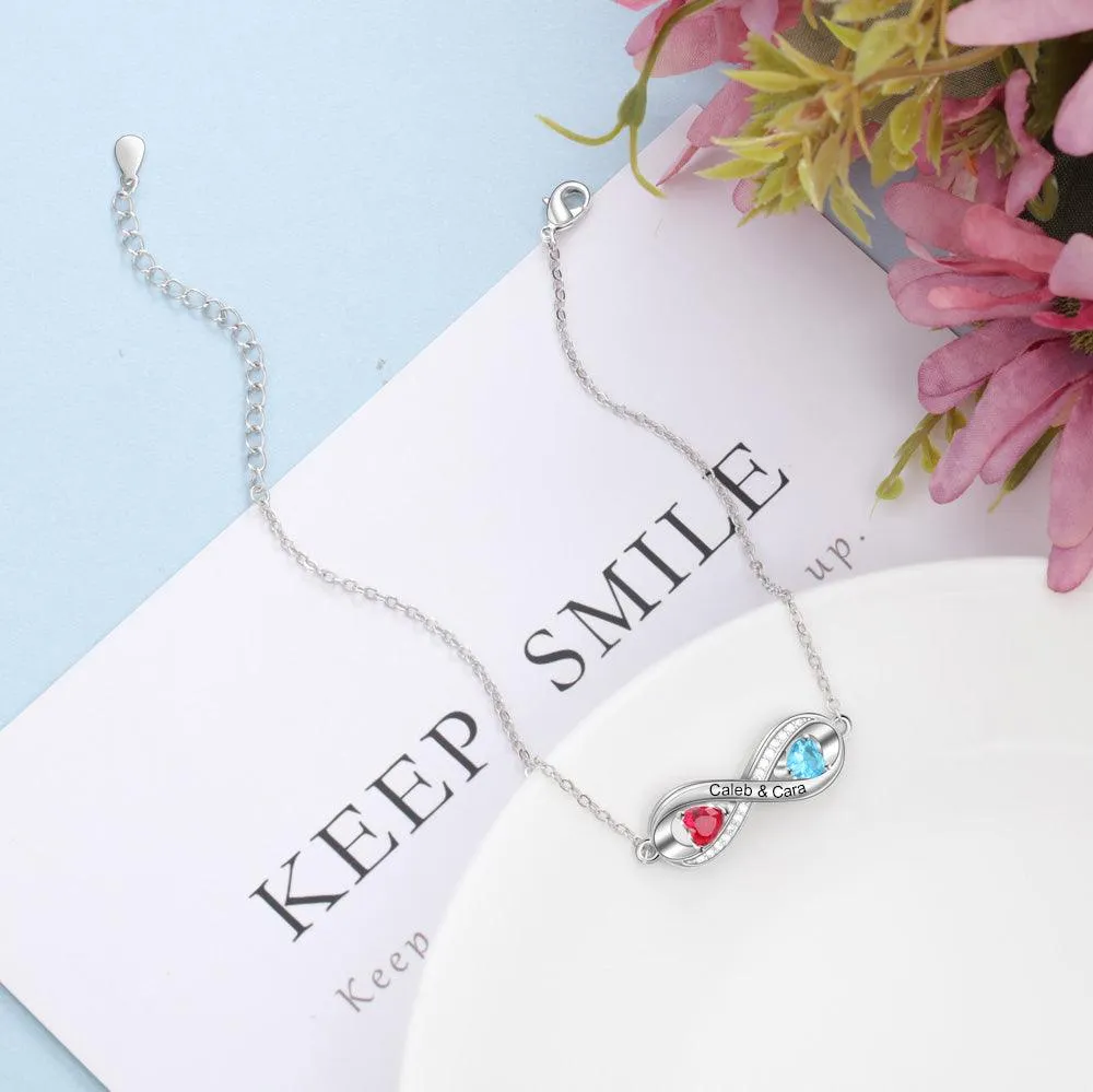 Infinity Diamond Sterling Silver Bracelet - 2 Custom Names & Birthstones