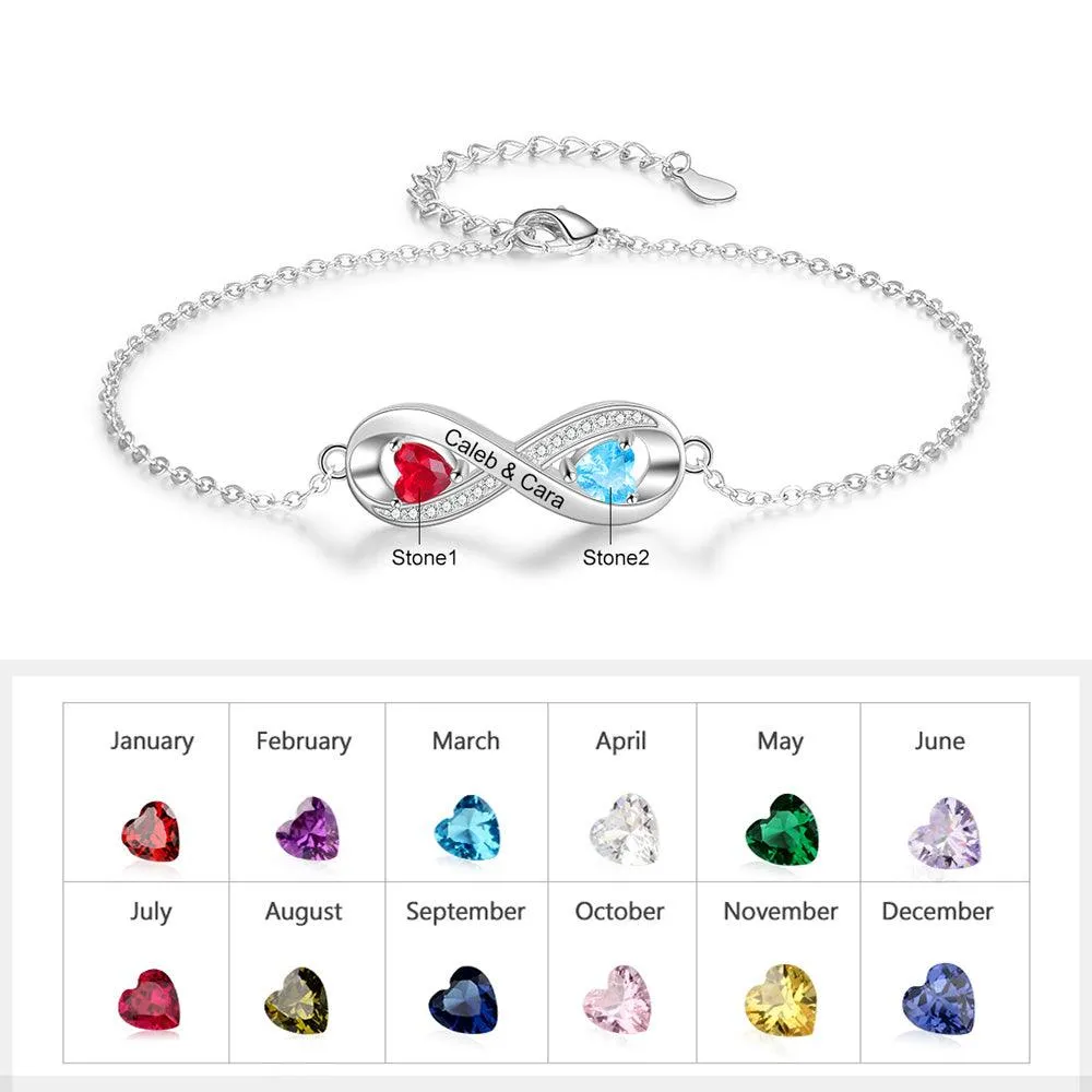Infinity Diamond Sterling Silver Bracelet - 2 Custom Names & Birthstones