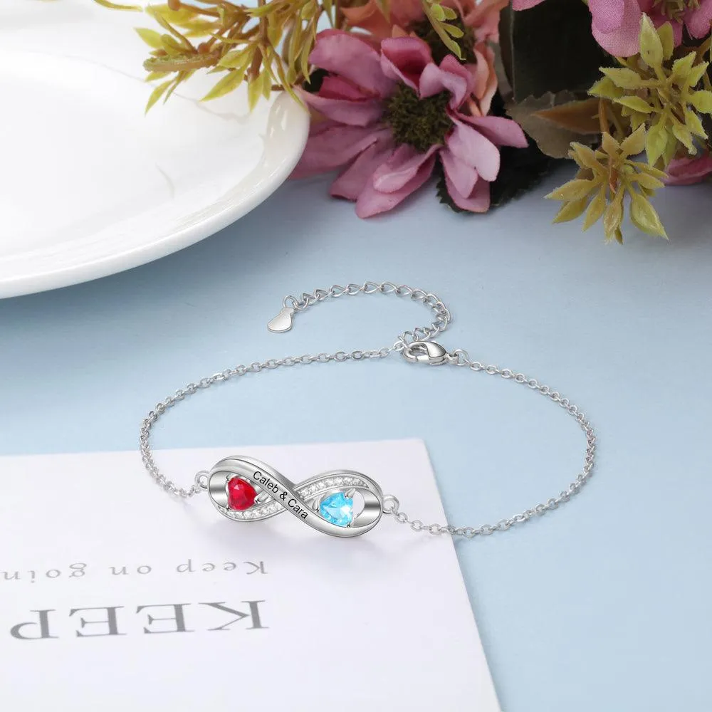 Infinity Diamond Sterling Silver Bracelet - 2 Custom Names & Birthstones