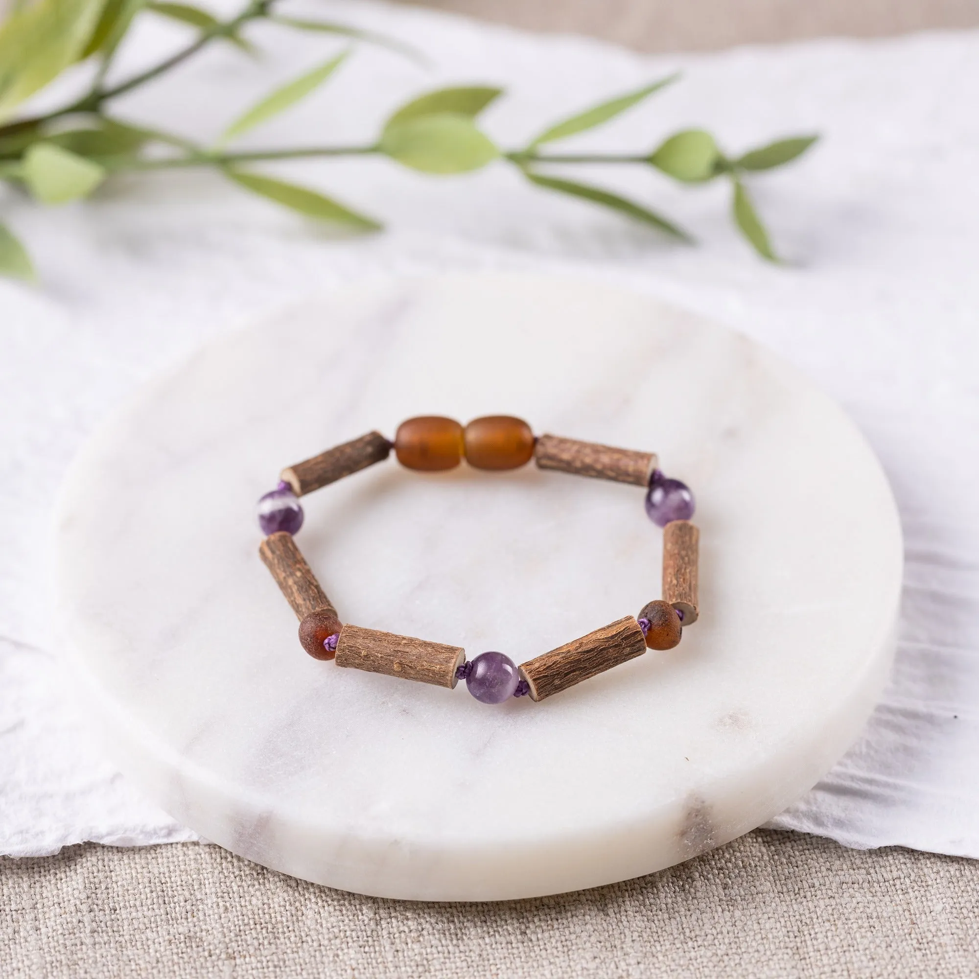 Kids | Amethyst   Raw Cognac Amber Hazelwood Bracelet