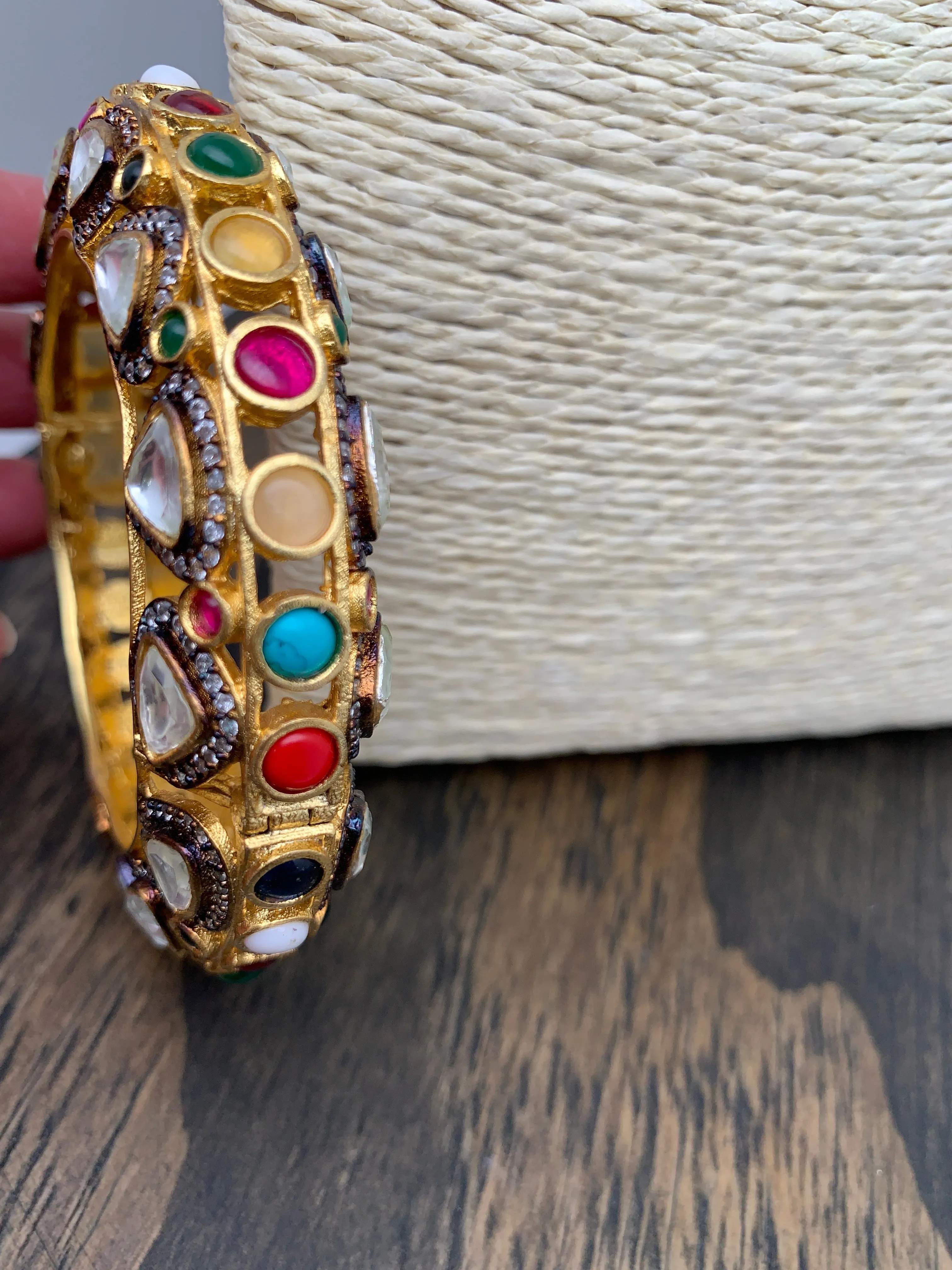 Kundan AD Navratan Stone Openable Kada