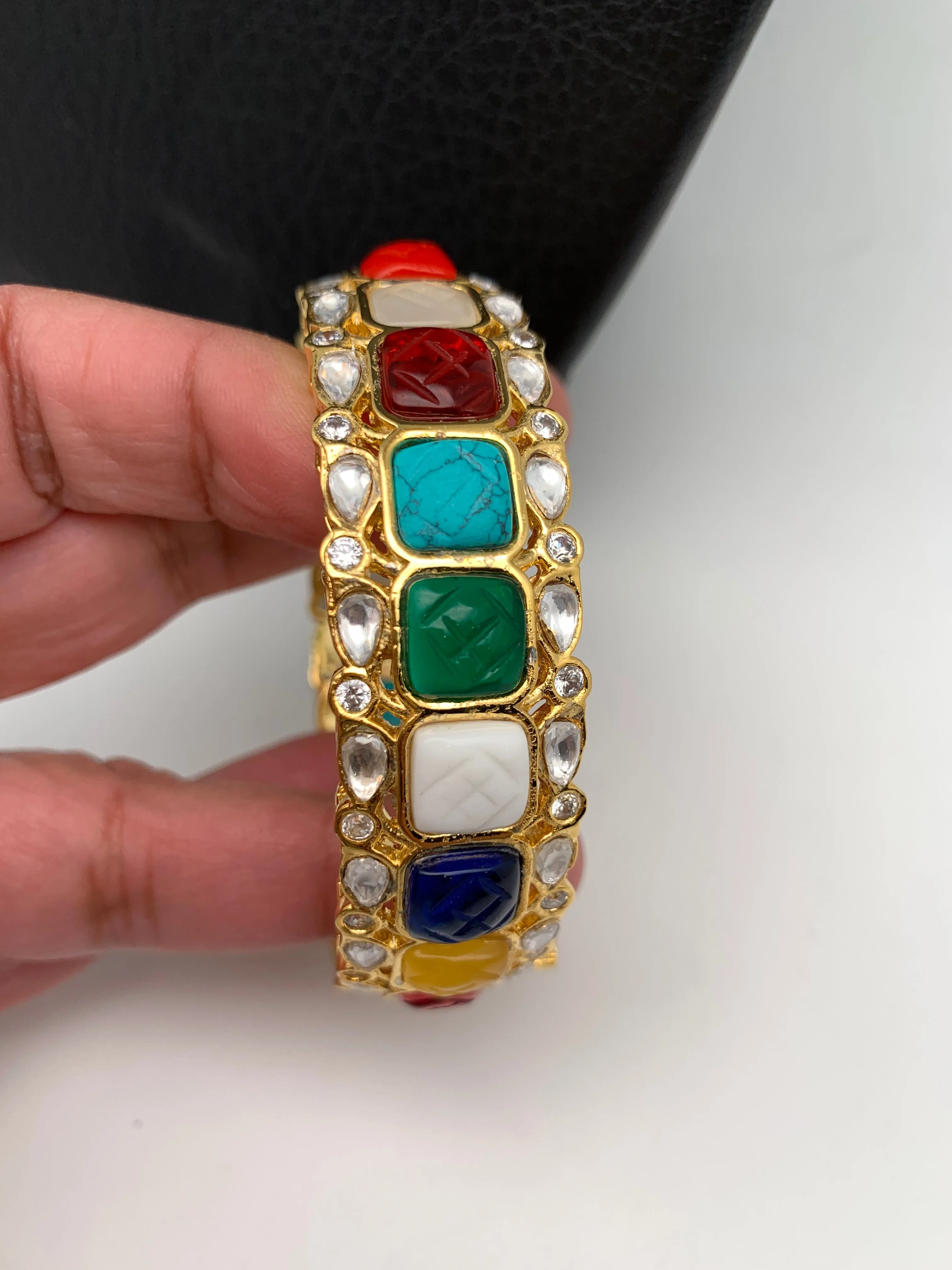 Kundan Carved Multi Stone Openable Kada Bangle