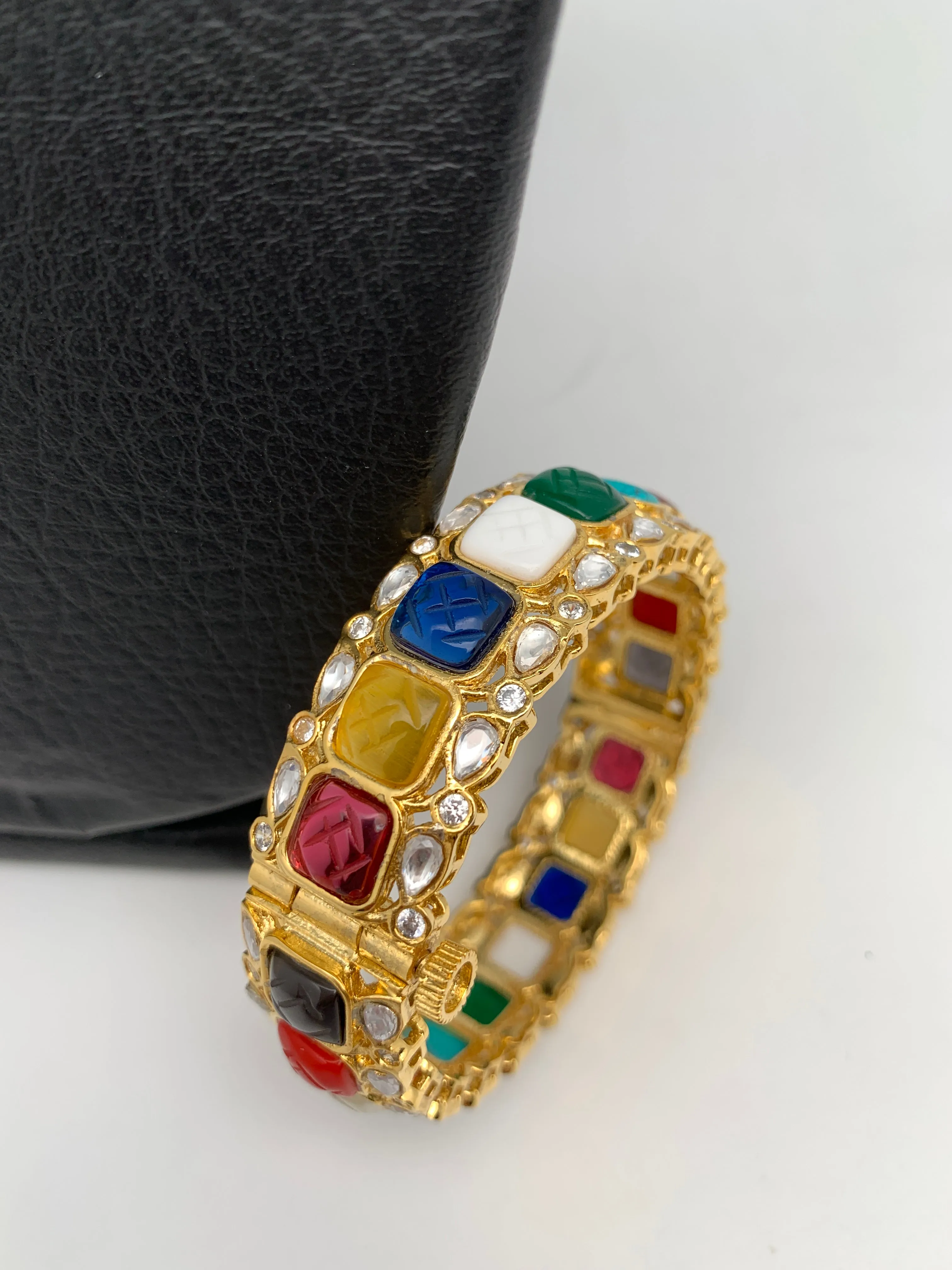 Kundan Carved Multi Stone Openable Kada Bangle