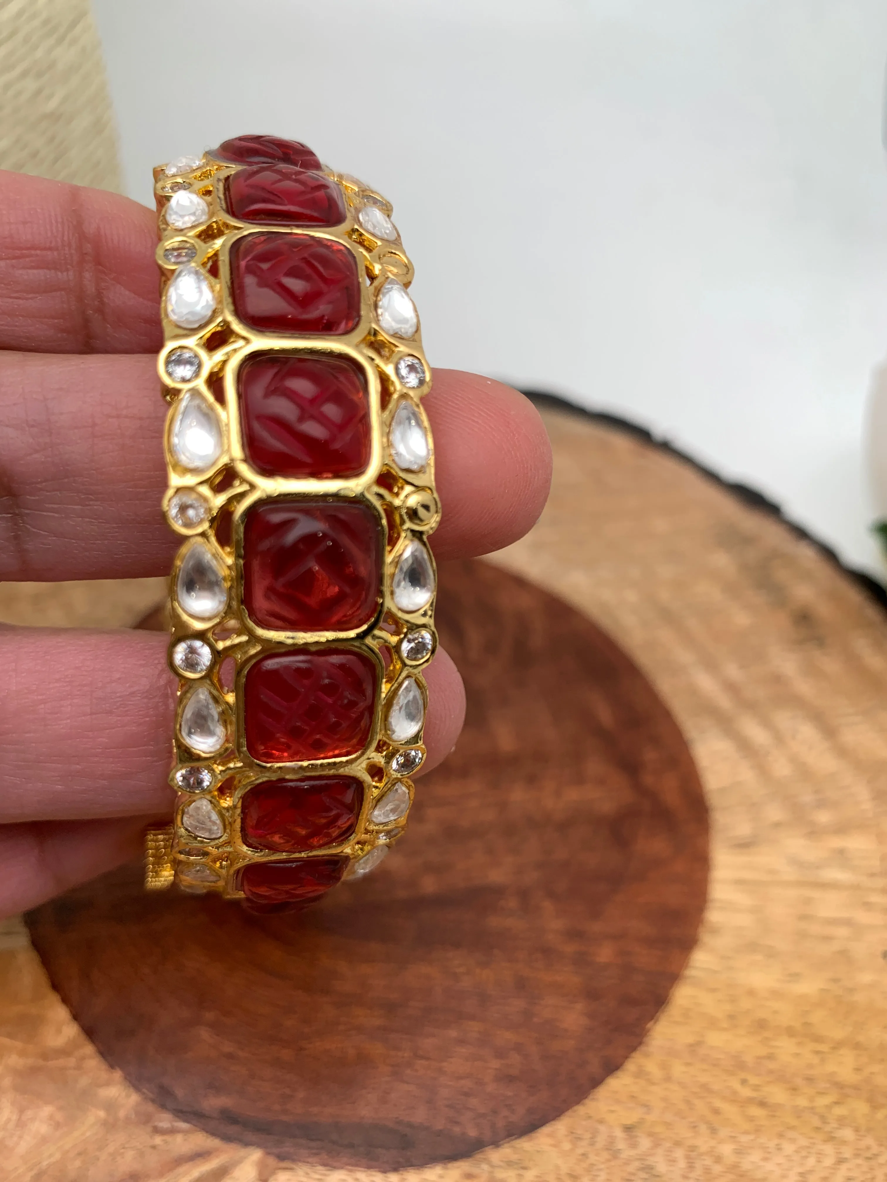 Kundan Carved Pink Stone Openable Kada Bangle