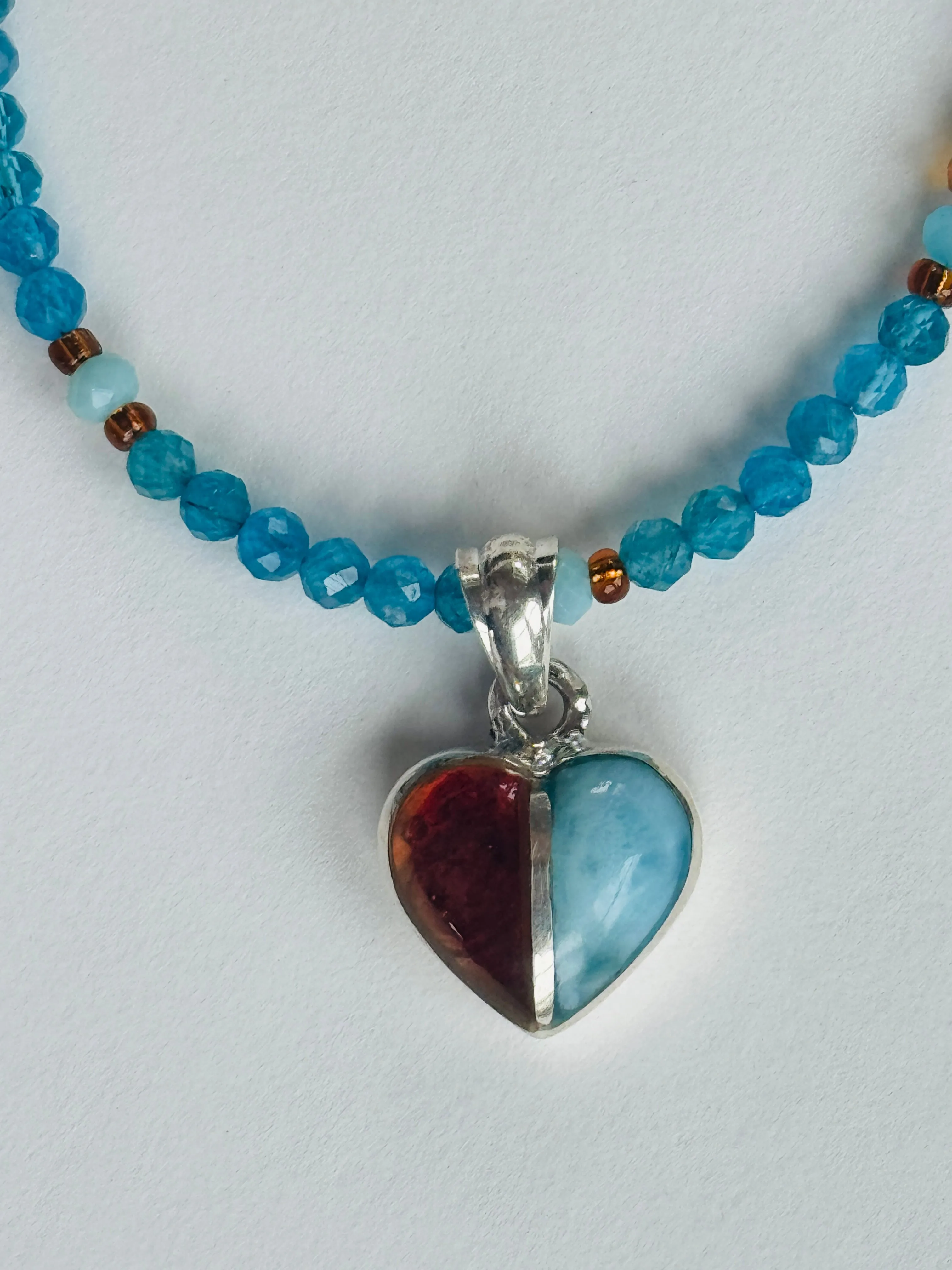 Larimar and Amber Heart Pendant on Apatite Necklace