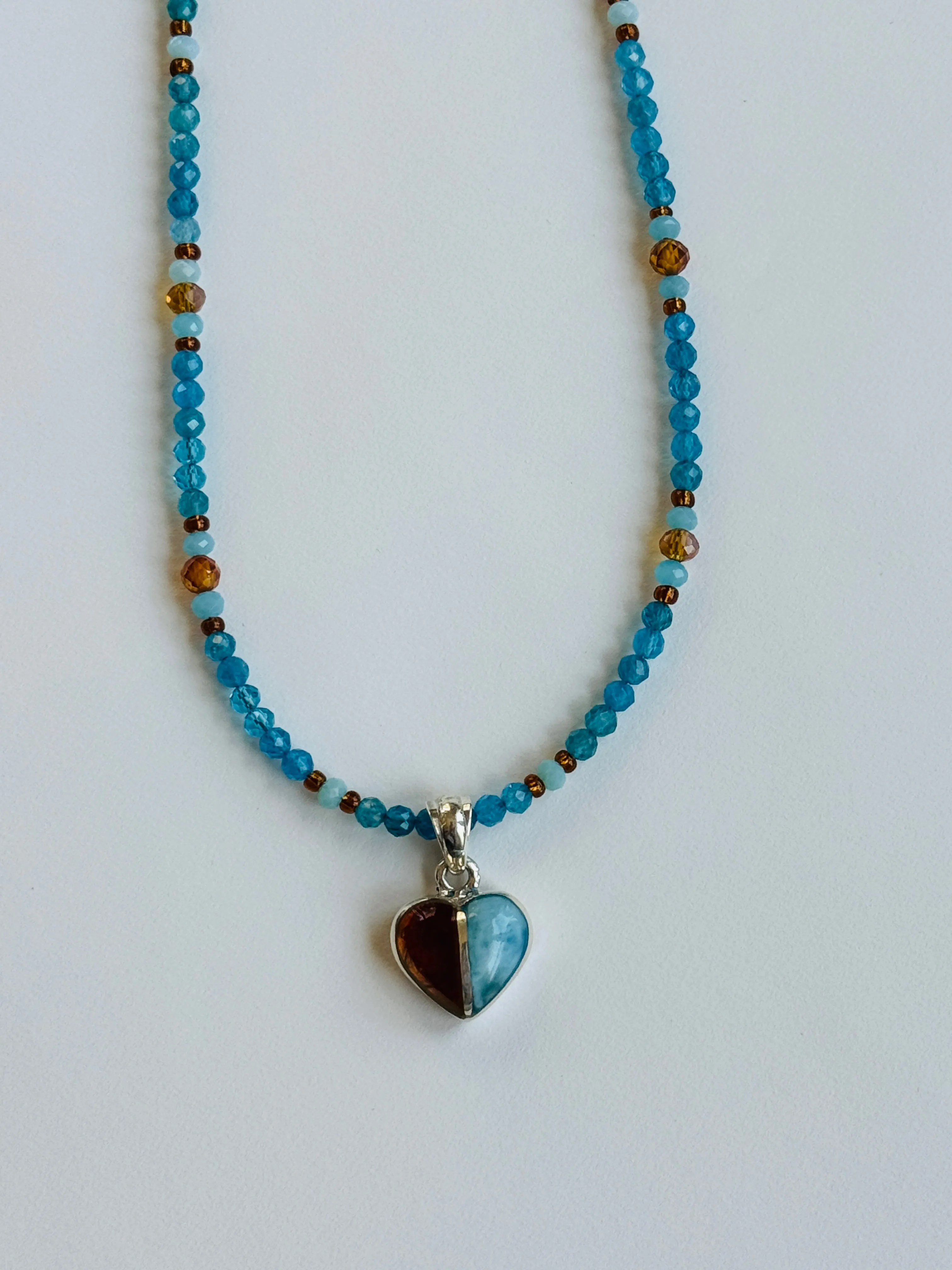 Larimar and Amber Heart Pendant on Apatite Necklace