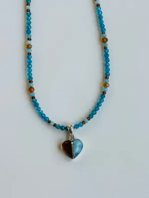 Larimar and Amber Heart Pendant on Apatite Necklace