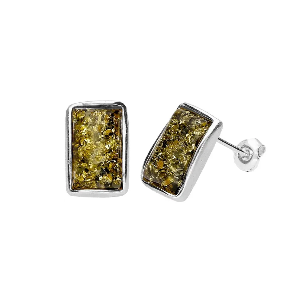 MILENA earrings Silver and Green Amber Elegant Rectangular