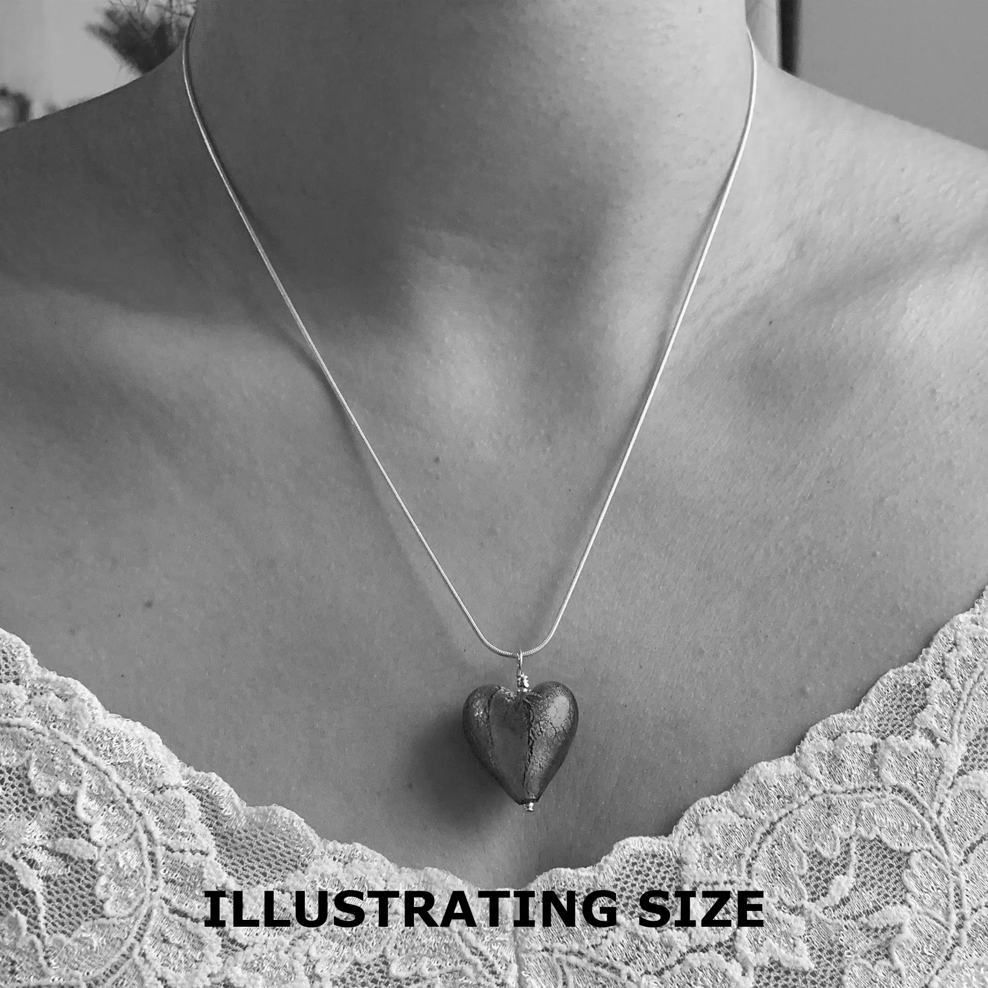 Necklace with aqua (blue) and white gold Murano glass medium heart pendant on silver chain