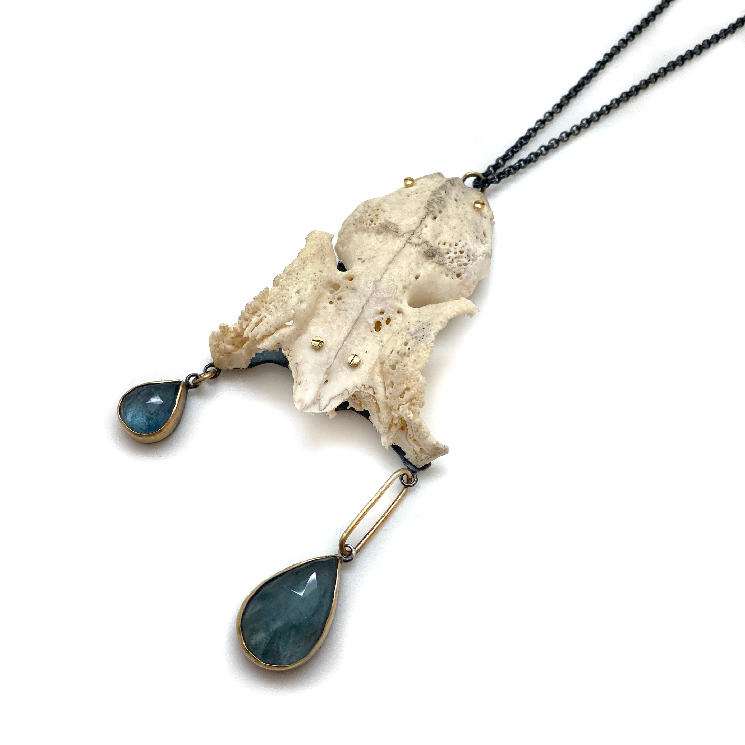 Of Mineral and Marrow Necklace - Rabbit Skull and Moss Aquamarine