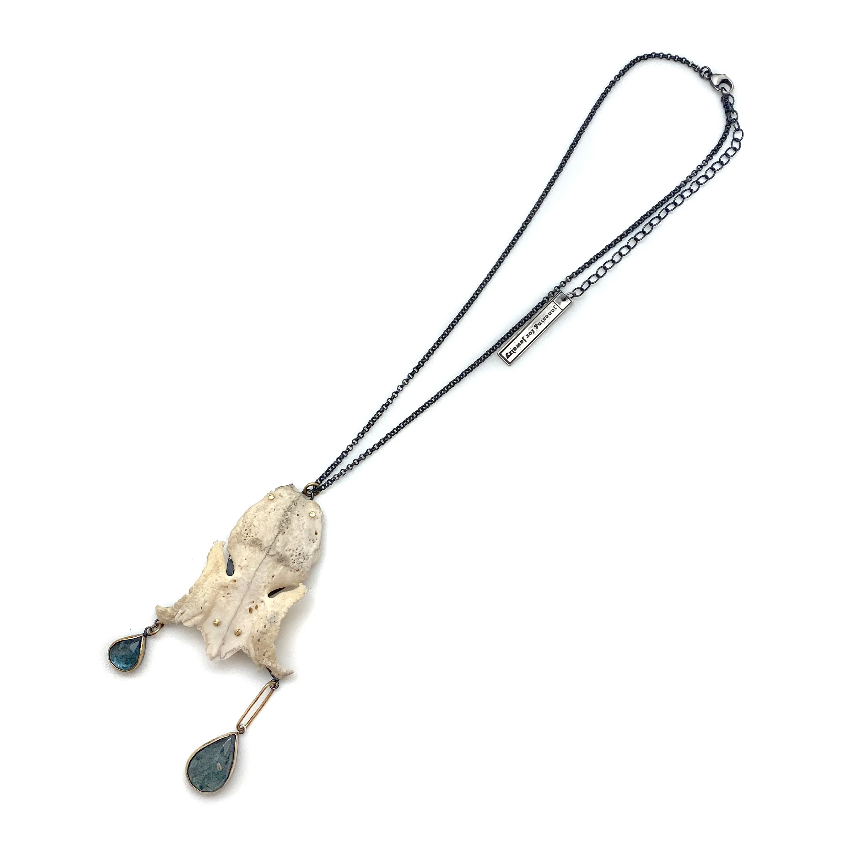 Of Mineral and Marrow Necklace - Rabbit Skull and Moss Aquamarine