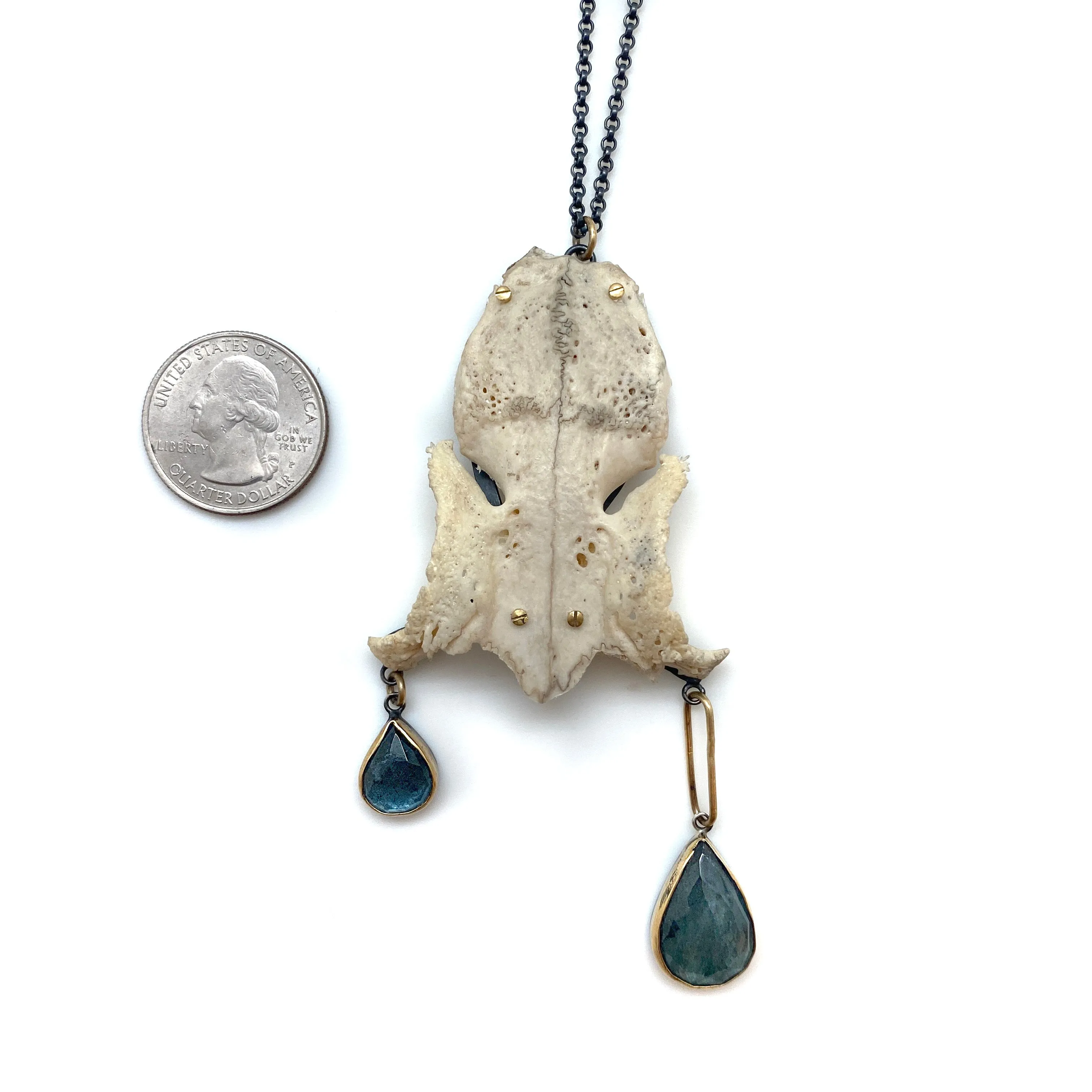 Of Mineral and Marrow Necklace - Rabbit Skull and Moss Aquamarine