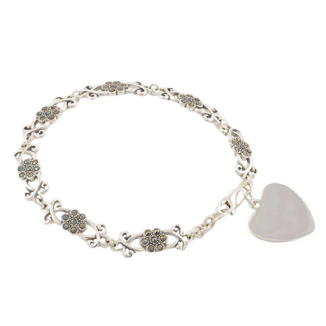 Personalised Silver Flower Heart Marcasite Bracelet