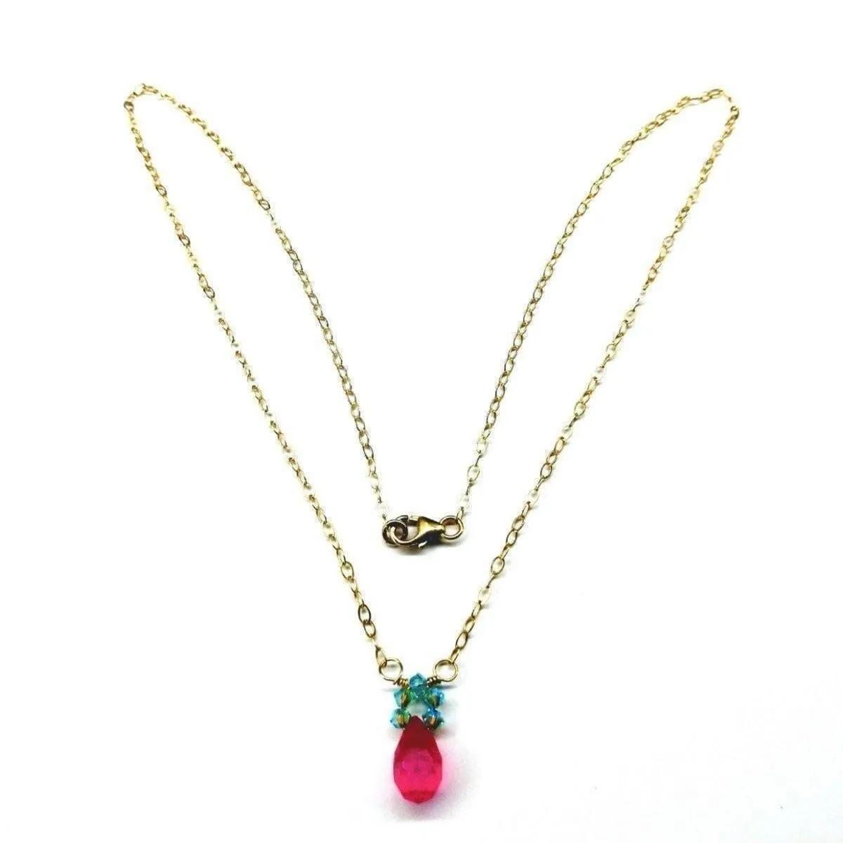 Pink Gemstone Drop and Turquoise Crystal 14 K Gold Filled Necklace