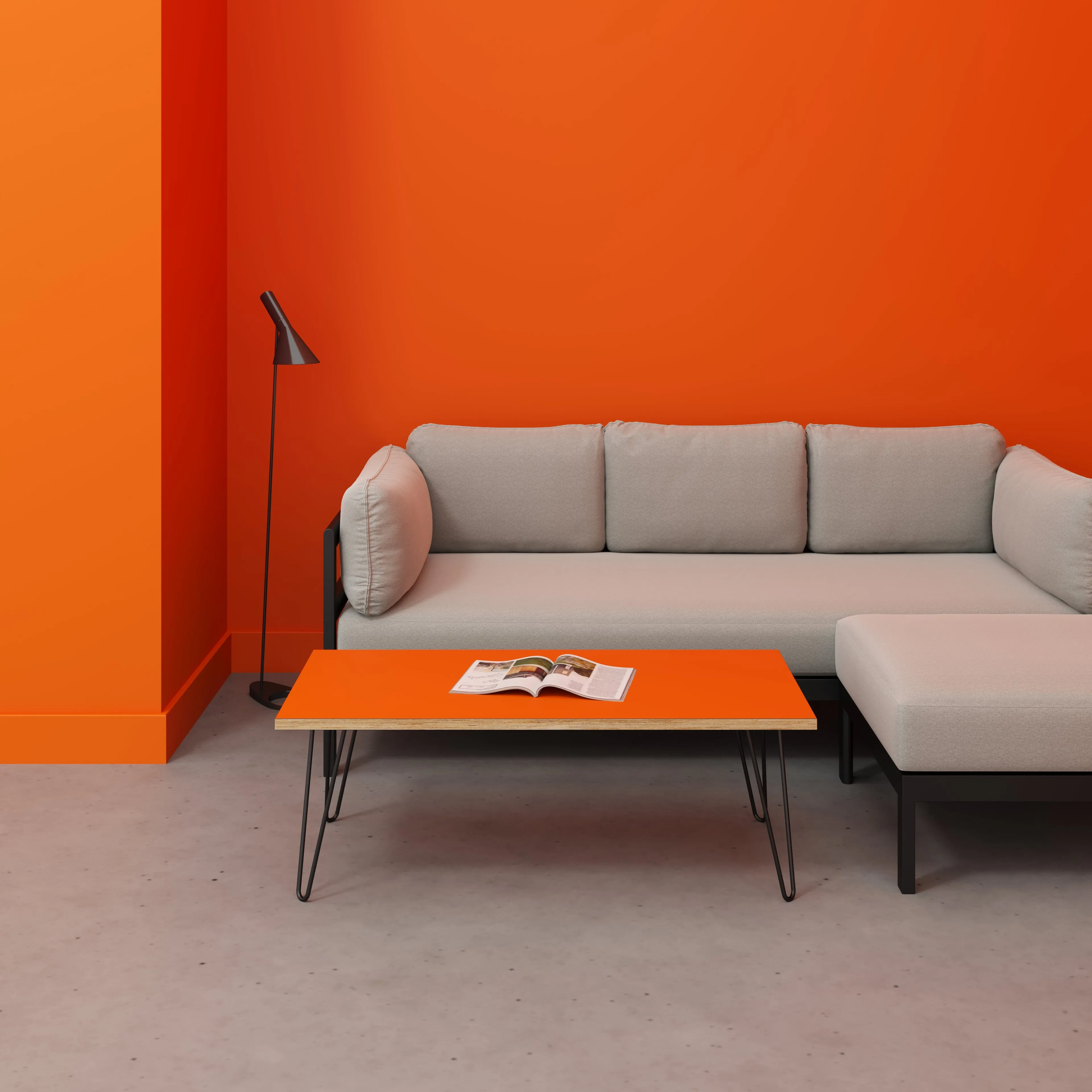 Plywood Coffee Table with Black Hairpin Legs - Formica Levante Orange - 1200(w) x 600(d) x 425(h)