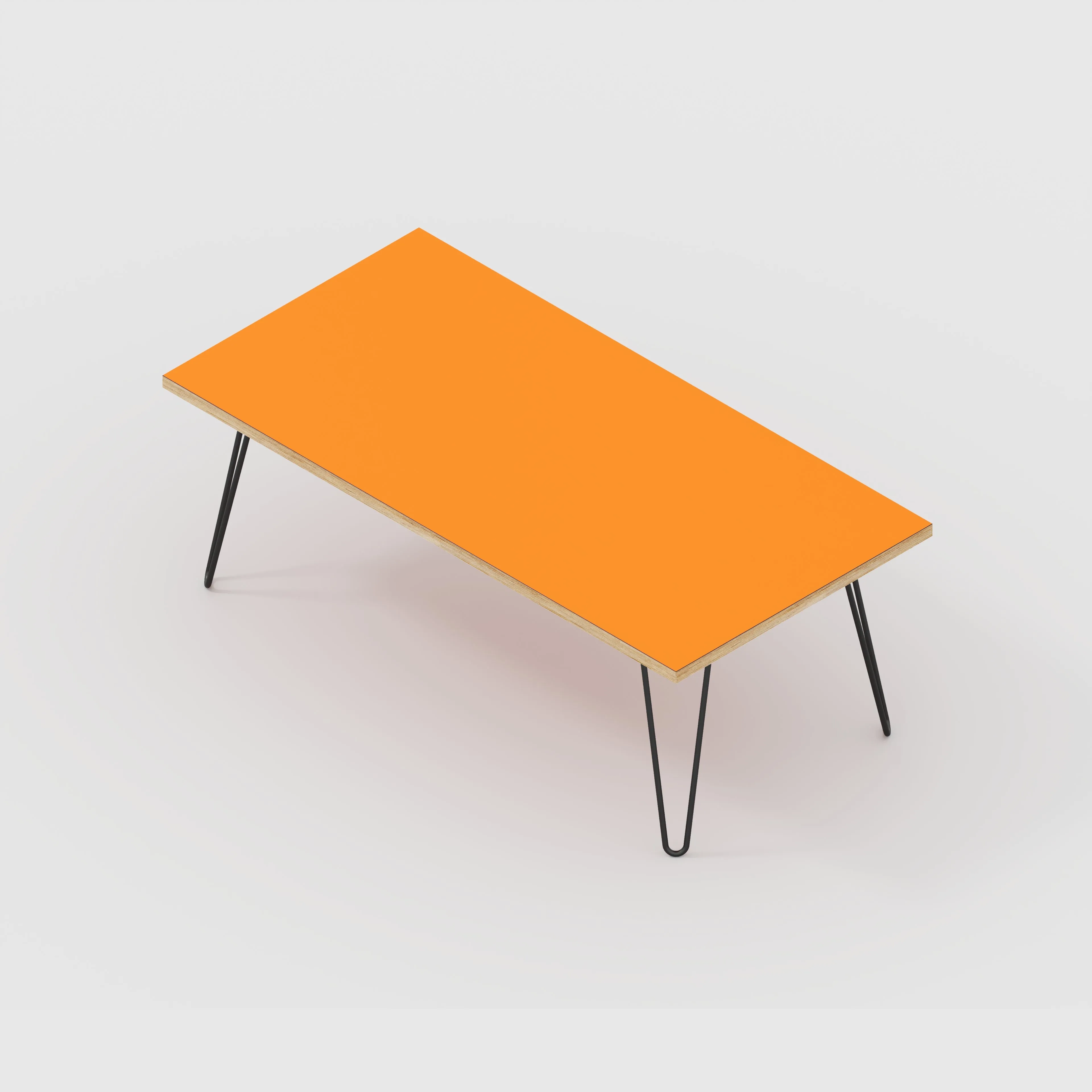Plywood Coffee Table with Black Hairpin Legs - Formica Levante Orange - 1200(w) x 600(d) x 425(h)