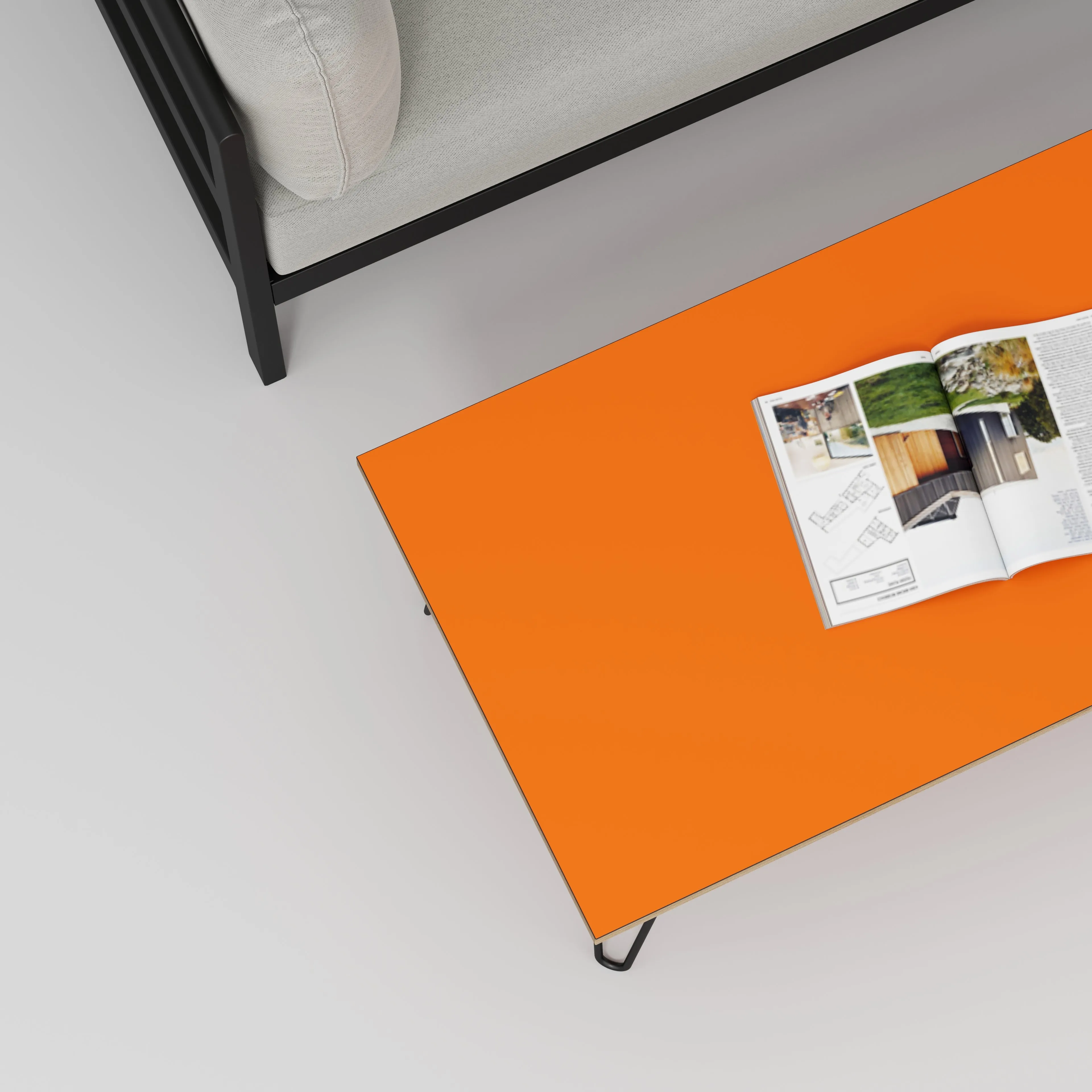 Plywood Coffee Table with Black Hairpin Legs - Formica Levante Orange - 1200(w) x 600(d) x 425(h)