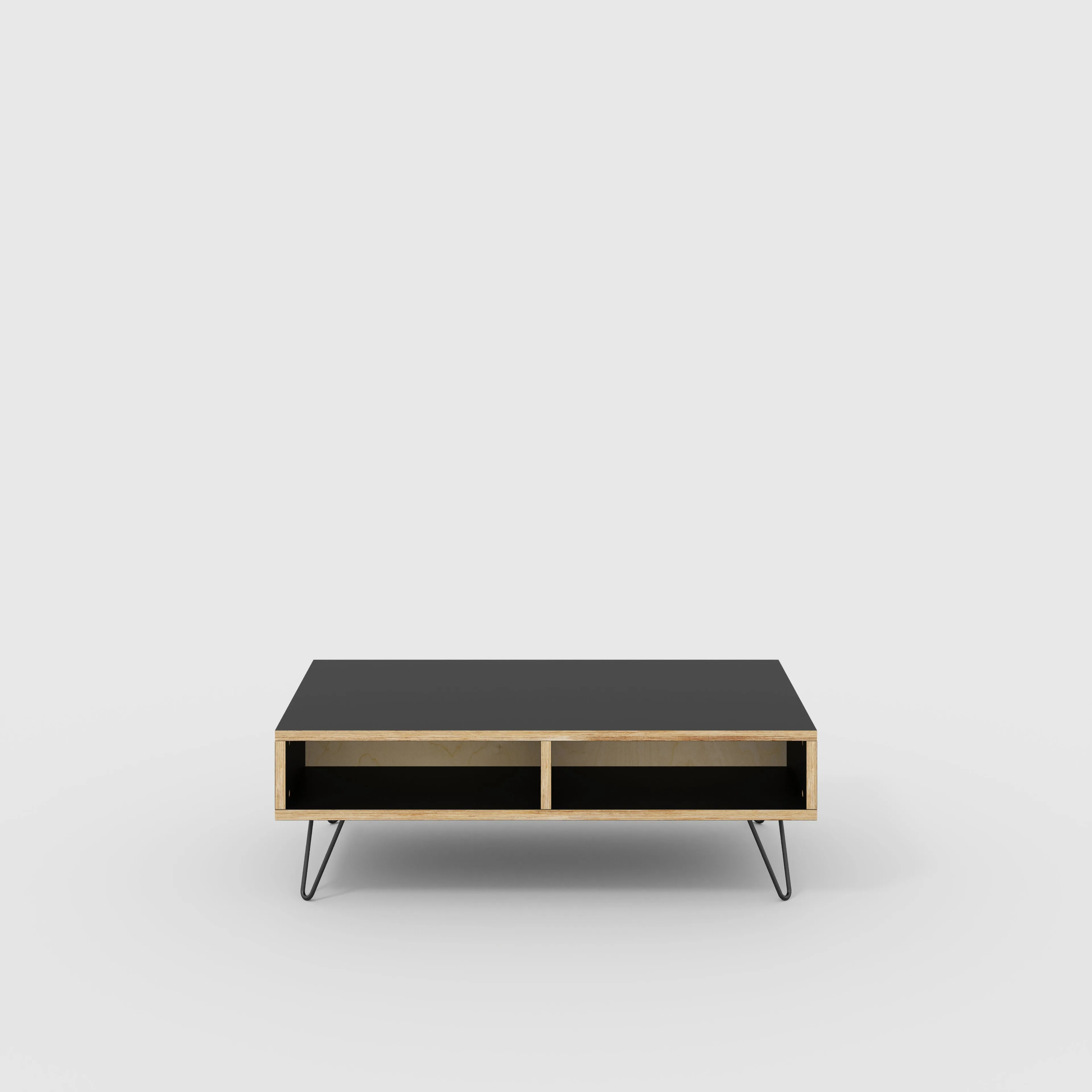 Plywood Coffee Table with Box Storage and Black Hairpin Legs - Formica Diamond Black - 1200(w) x 600(d) x 400(h)
