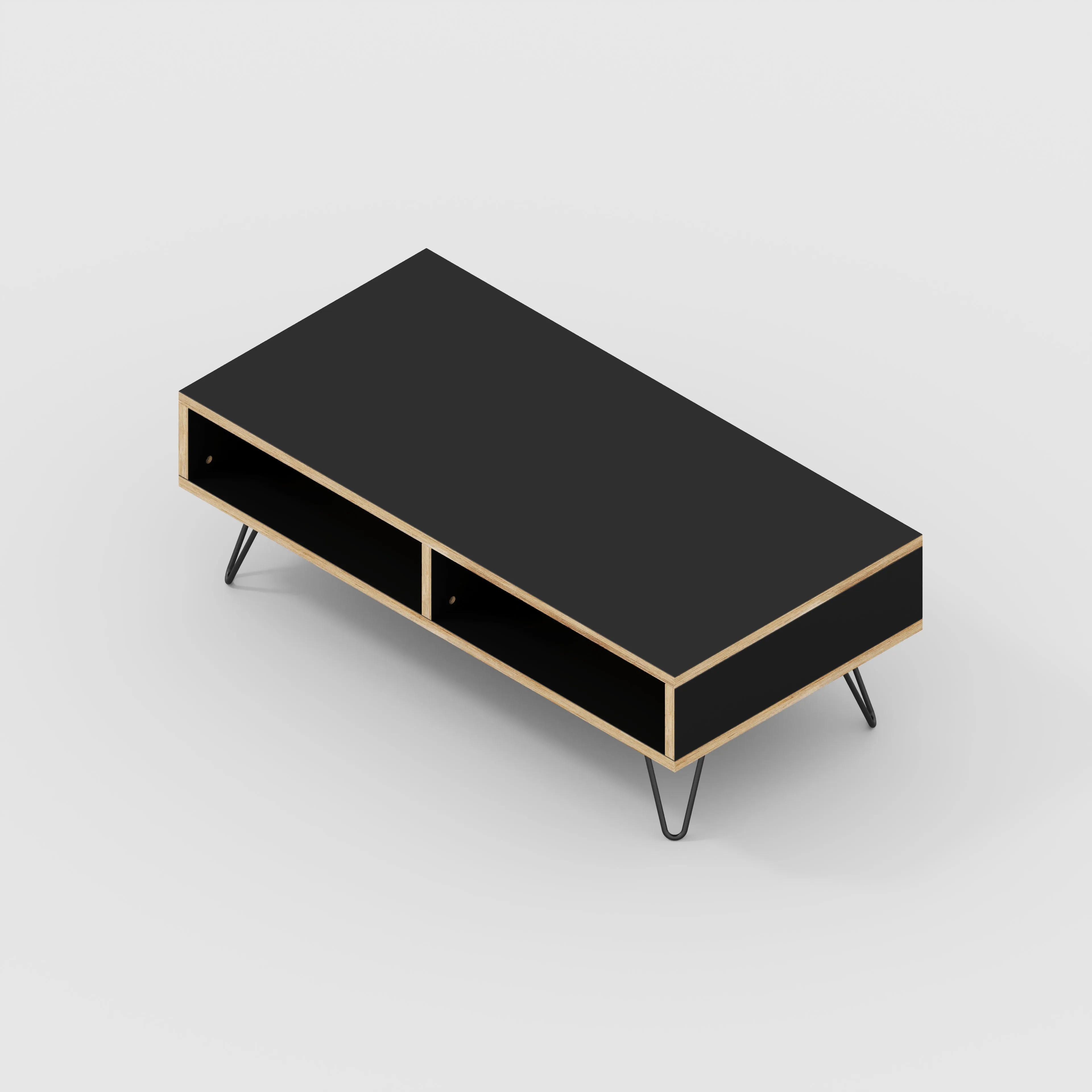 Plywood Coffee Table with Box Storage and Black Hairpin Legs - Formica Diamond Black - 1200(w) x 600(d) x 400(h)