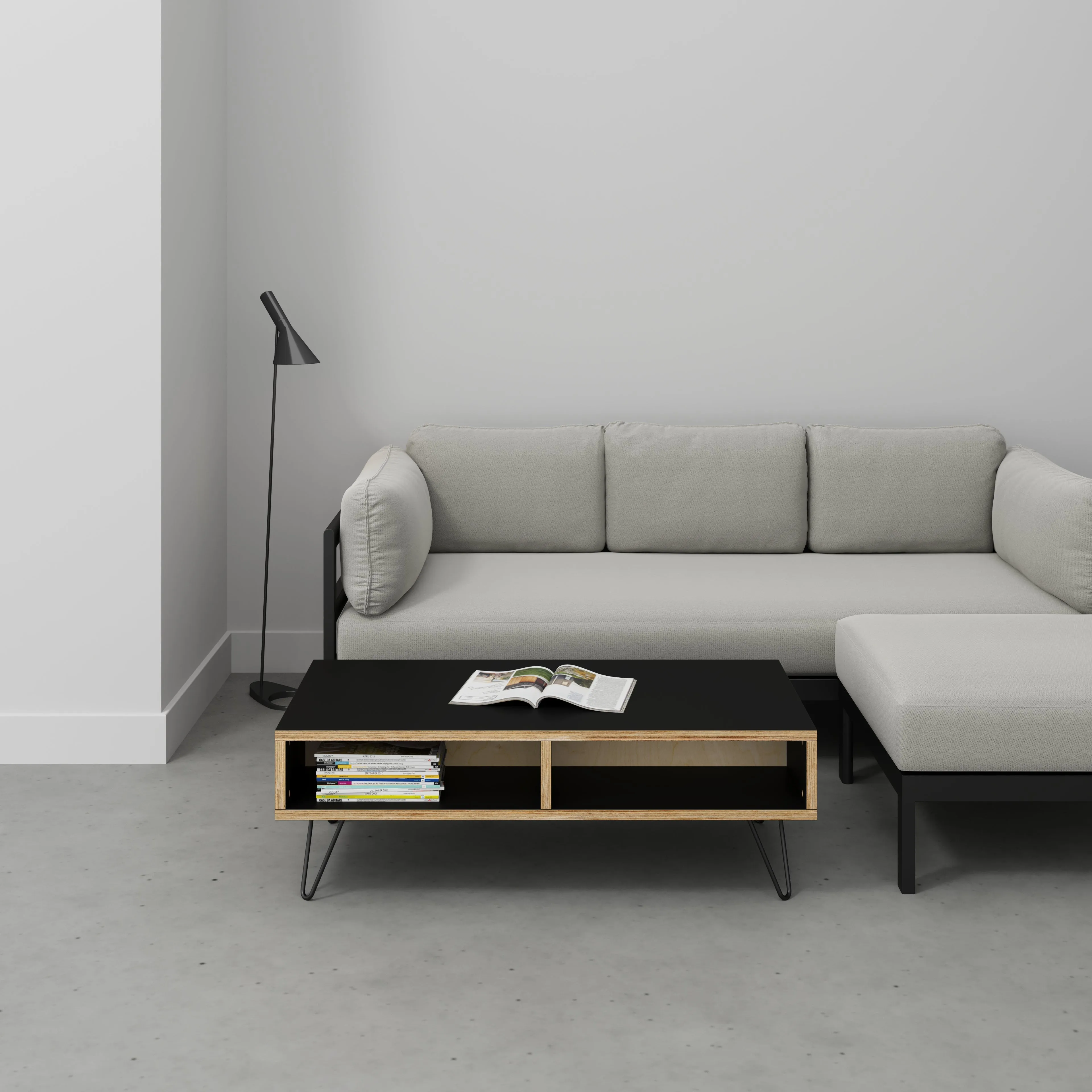 Plywood Coffee Table with Box Storage and Black Hairpin Legs - Formica Diamond Black - 1200(w) x 600(d) x 400(h)
