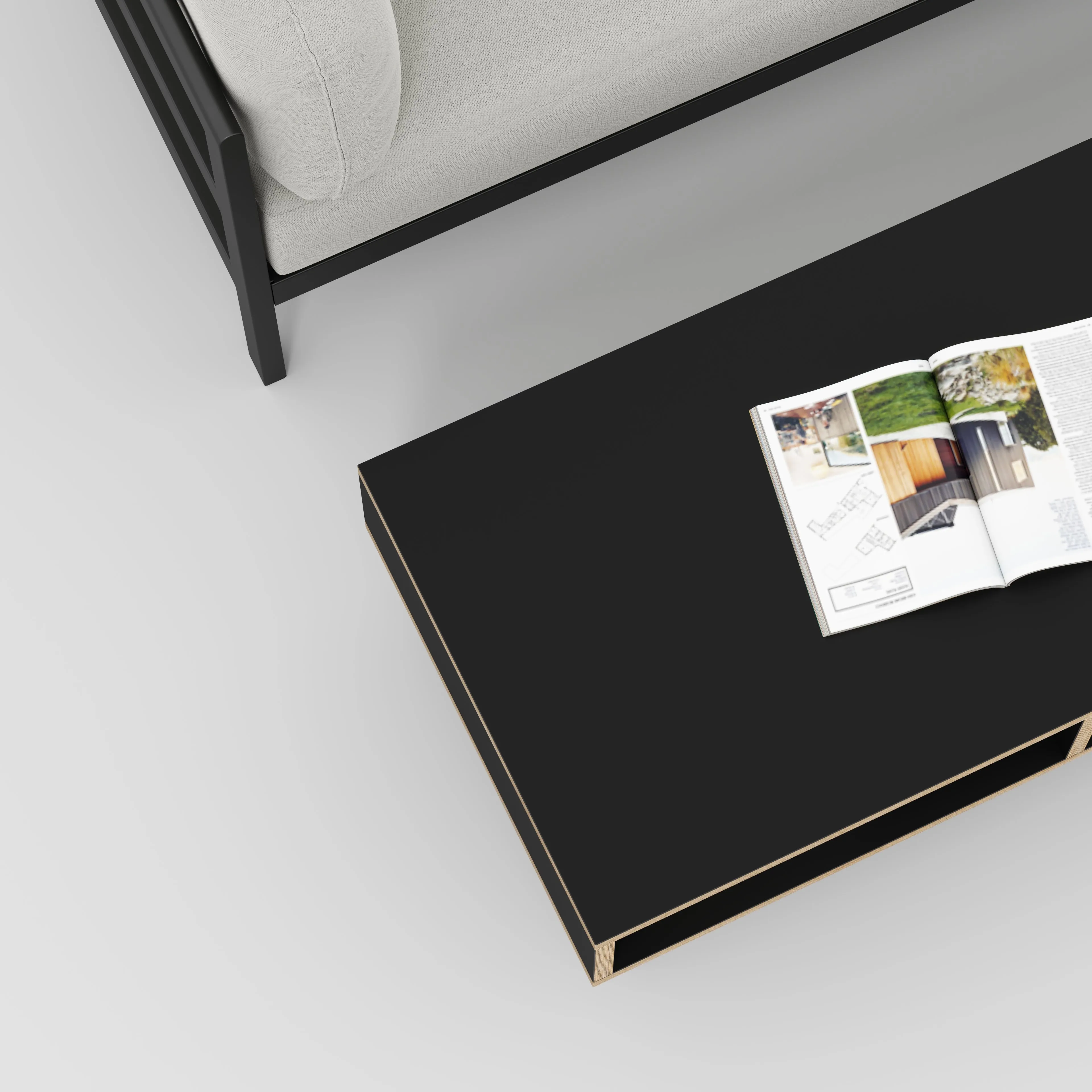 Plywood Coffee Table with Box Storage and Black Hairpin Legs - Formica Diamond Black - 1200(w) x 600(d) x 400(h)
