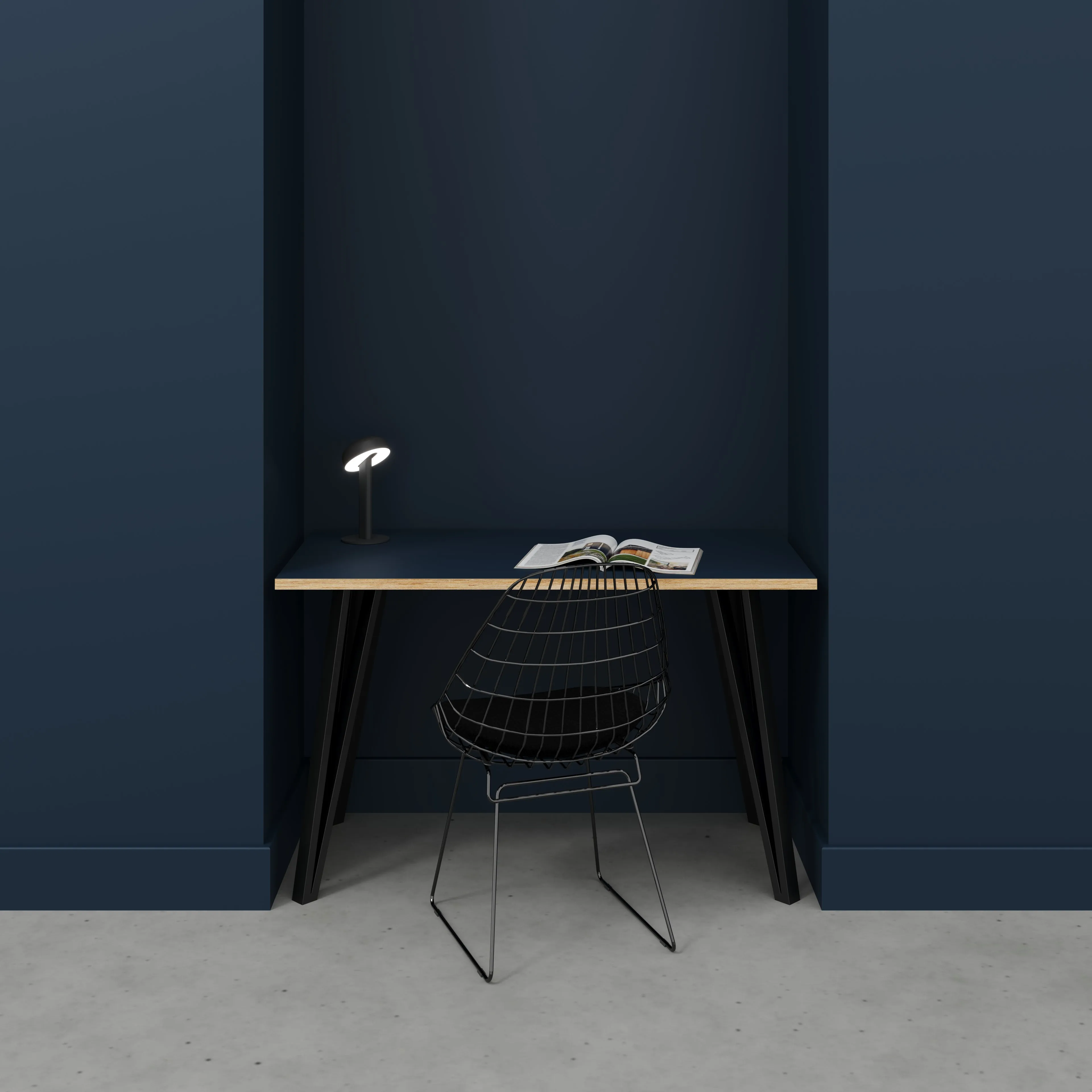 Plywood Desk with Black Box Hairpin Legs - Formica Night Sea Blue - 1200(w) x 600(d) x 735(h)