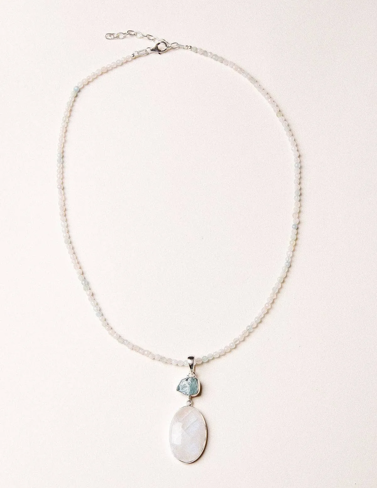 Rainbow Moonstone and Raw Aquamarine on Morganite Bead Necklace