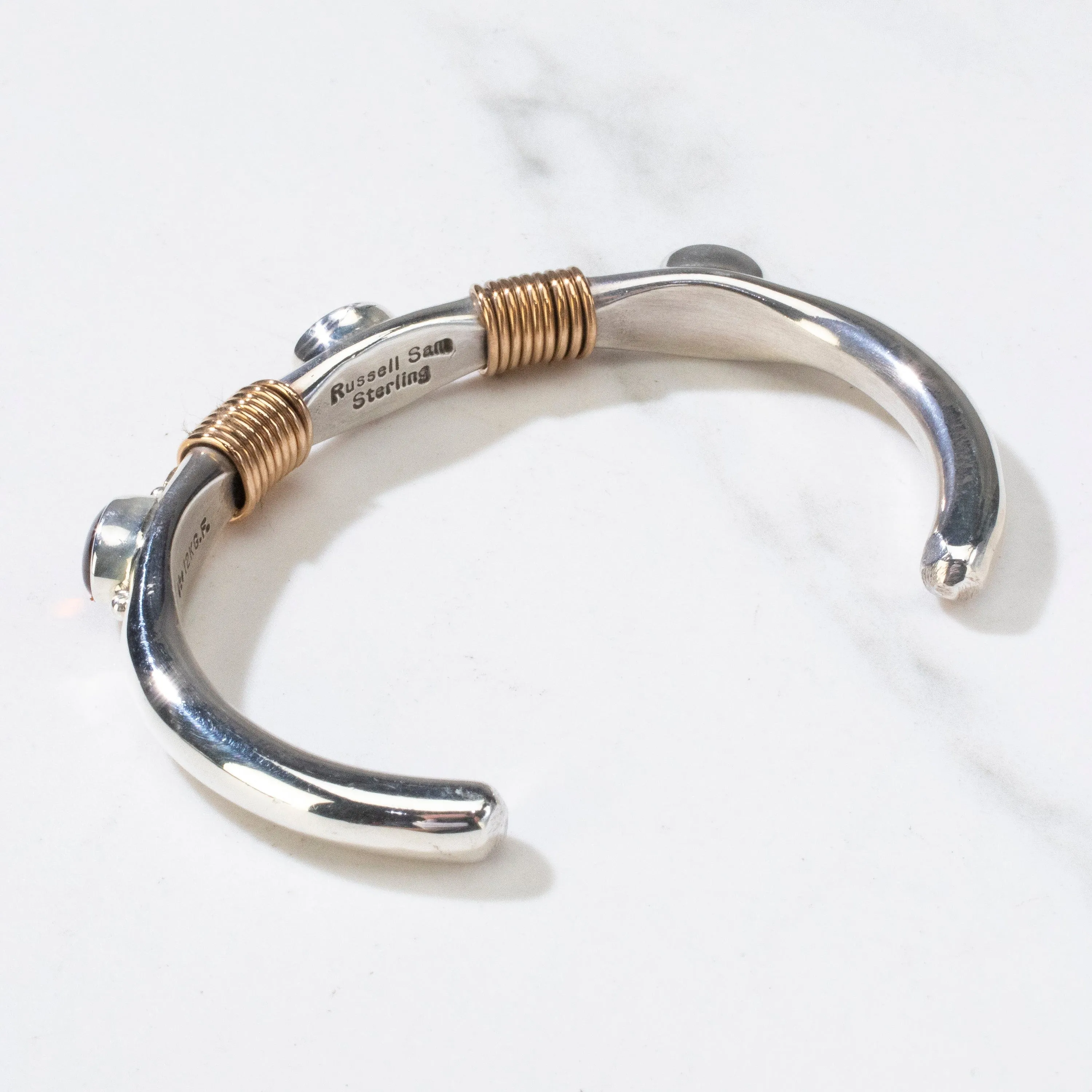 Russell Sam Amber Navajo USA Native American Made 12K Gold Filled & 925 Sterling Silver Cuff