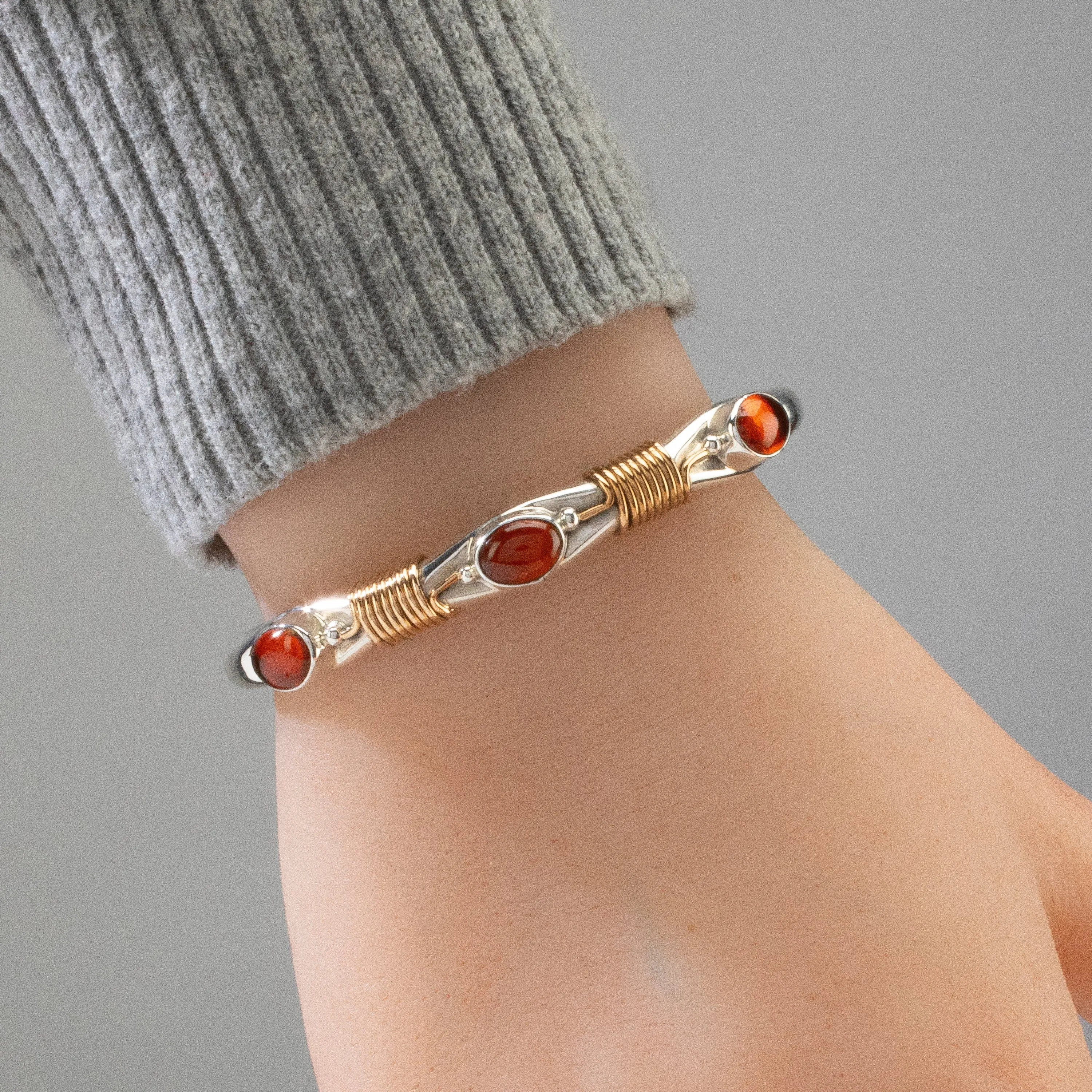 Russell Sam Amber Navajo USA Native American Made 12K Gold Filled & 925 Sterling Silver Cuff