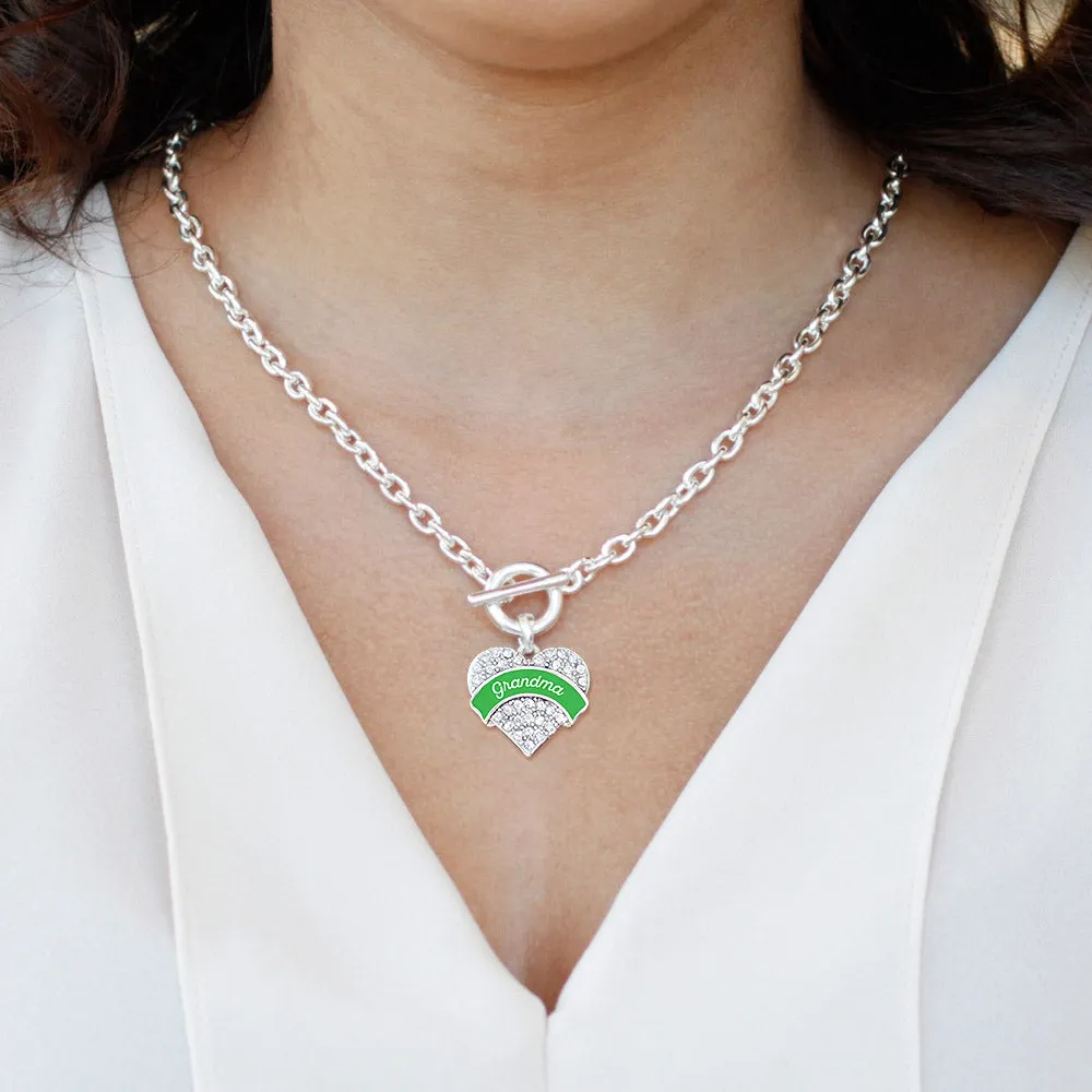 Silver Emerald Green Grandma Pave Heart Charm Toggle Necklace
