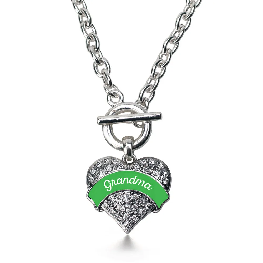 Silver Emerald Green Grandma Pave Heart Charm Toggle Necklace