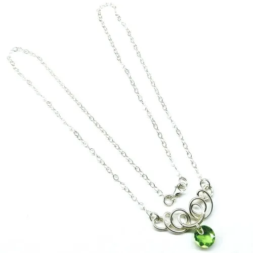 Silver Wire Sculpted Round Aqua Crystal Pendant Necklace