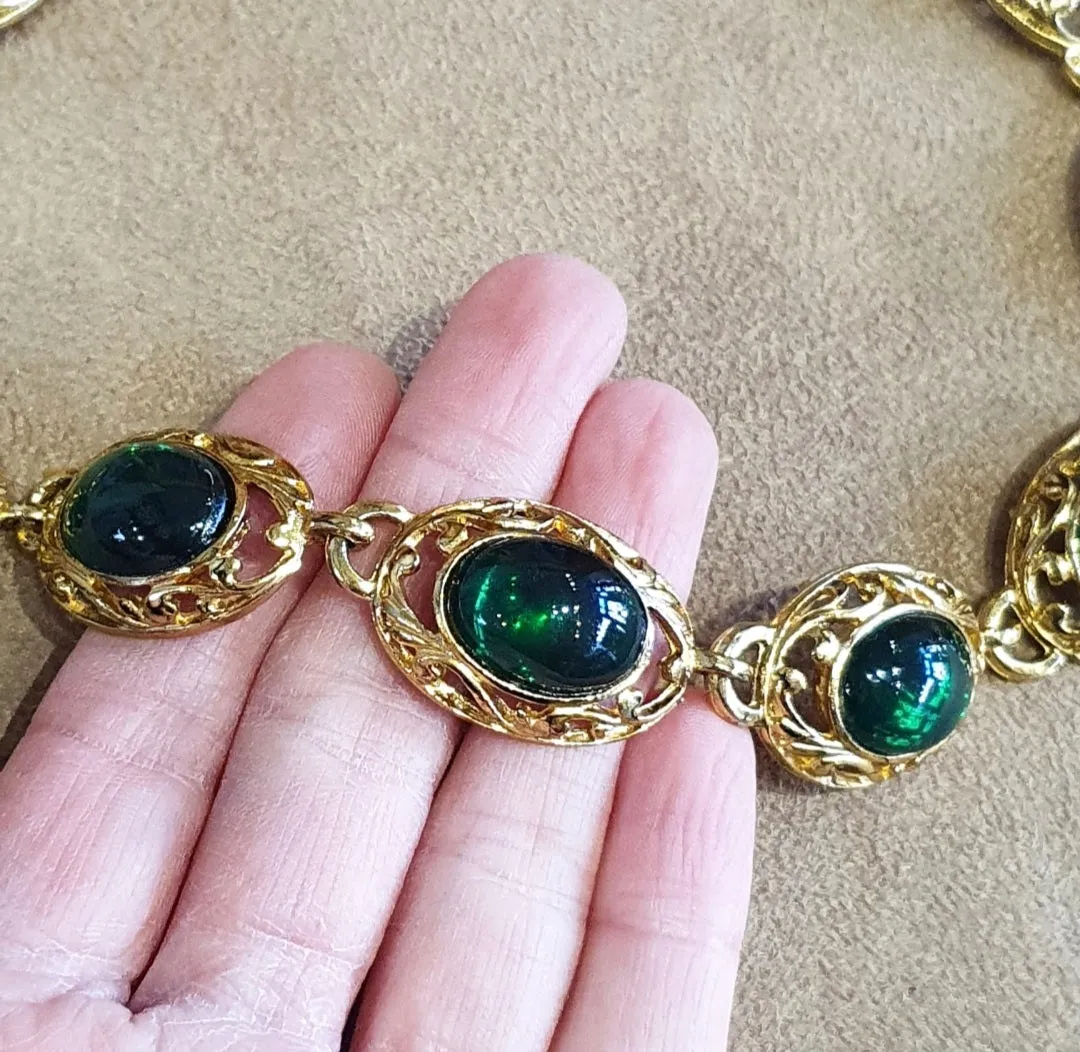 Statement Green Cabachon Glass Vintage Necklace