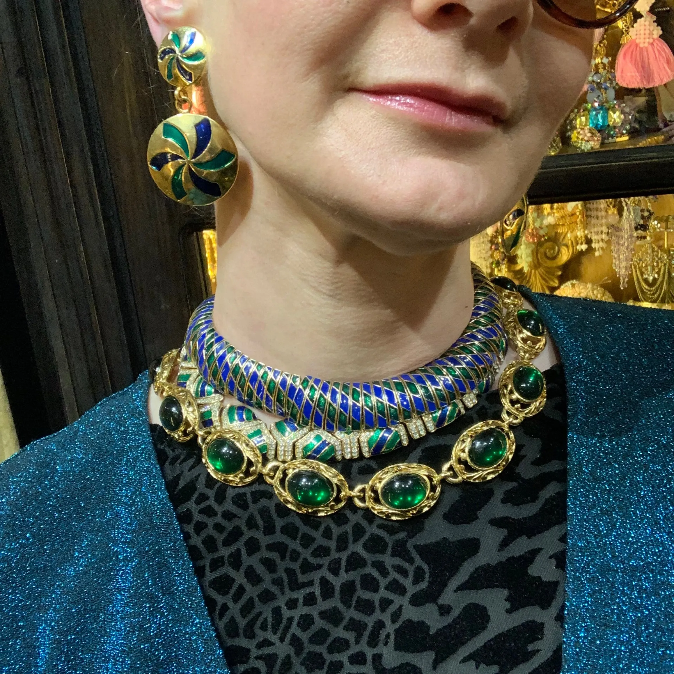 Statement Green Cabachon Glass Vintage Necklace