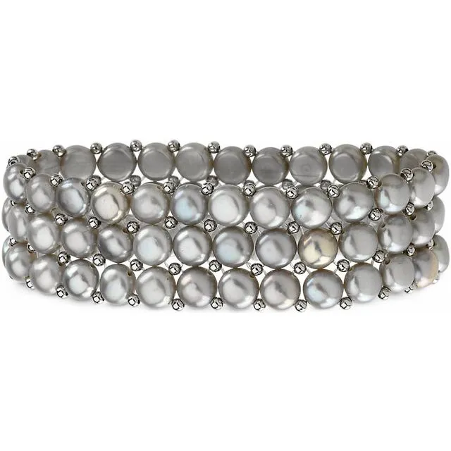 Sterling Silver Cultured Grey Pearl 3 Row Stretch Bracelet