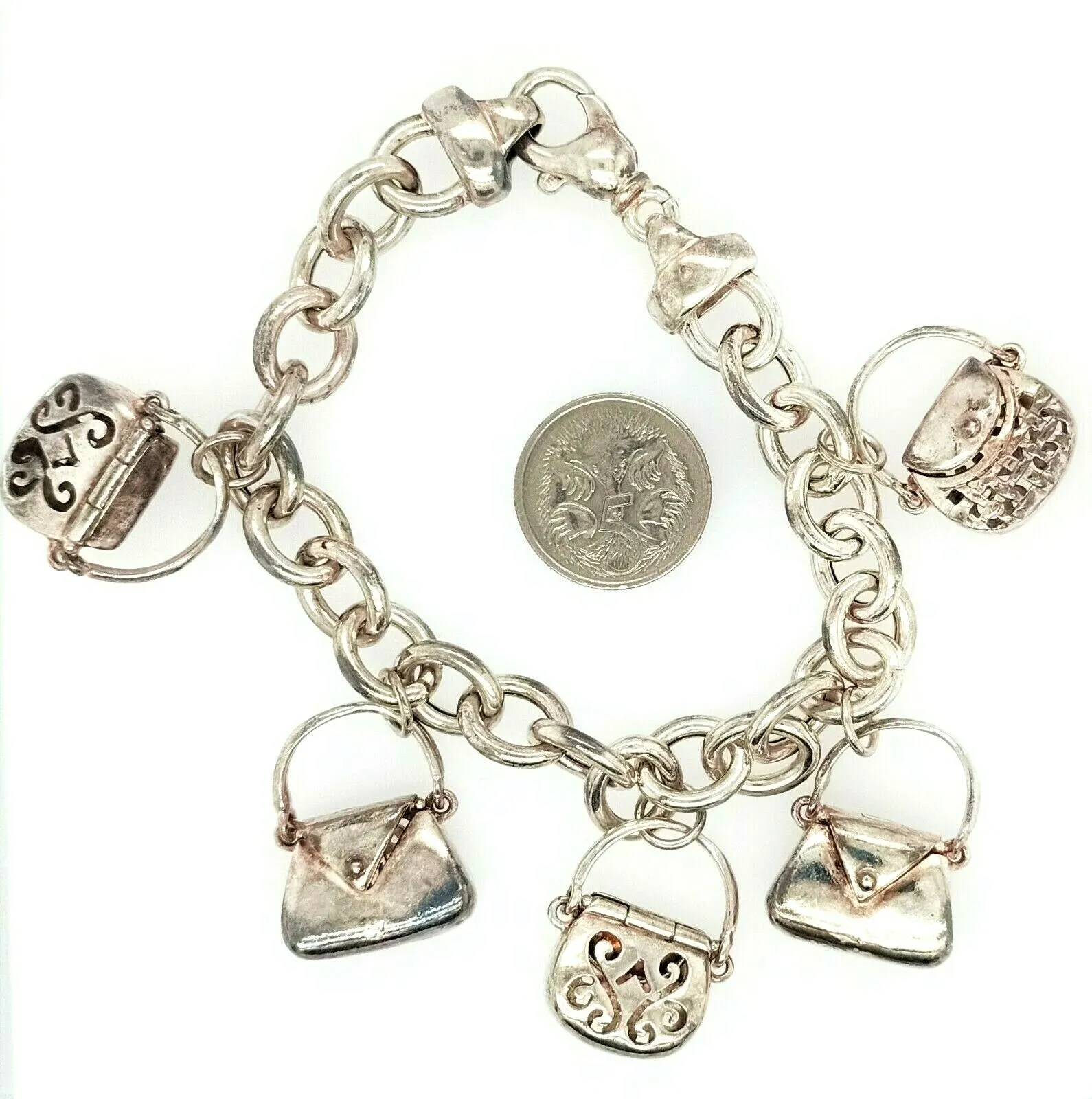 Sterling Silver Traditional Charm Bracelet 5 Handbag Charms Fine Jewellery
