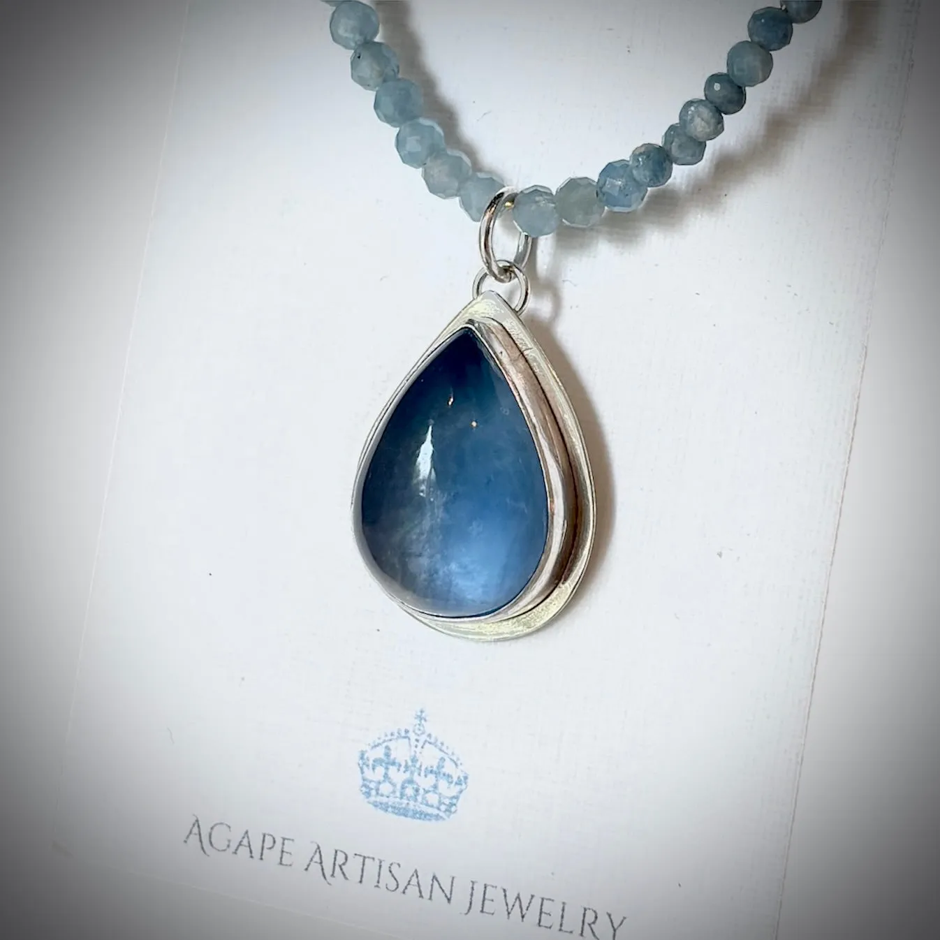 TEAL FLUORITE STERLING PENDANT ON AQUAMARINE NECKLACE