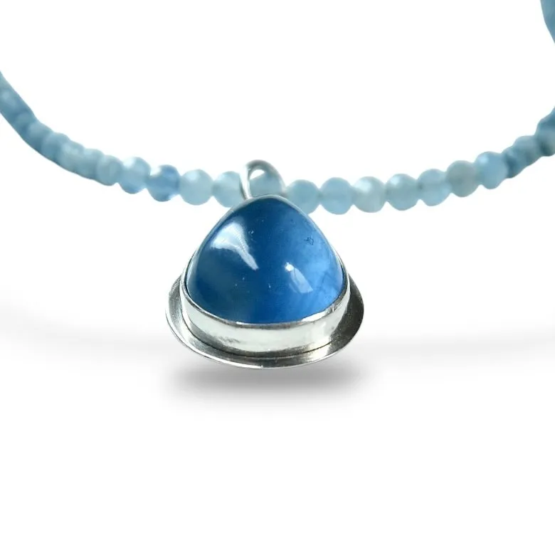 TEAL FLUORITE STERLING PENDANT ON AQUAMARINE NECKLACE