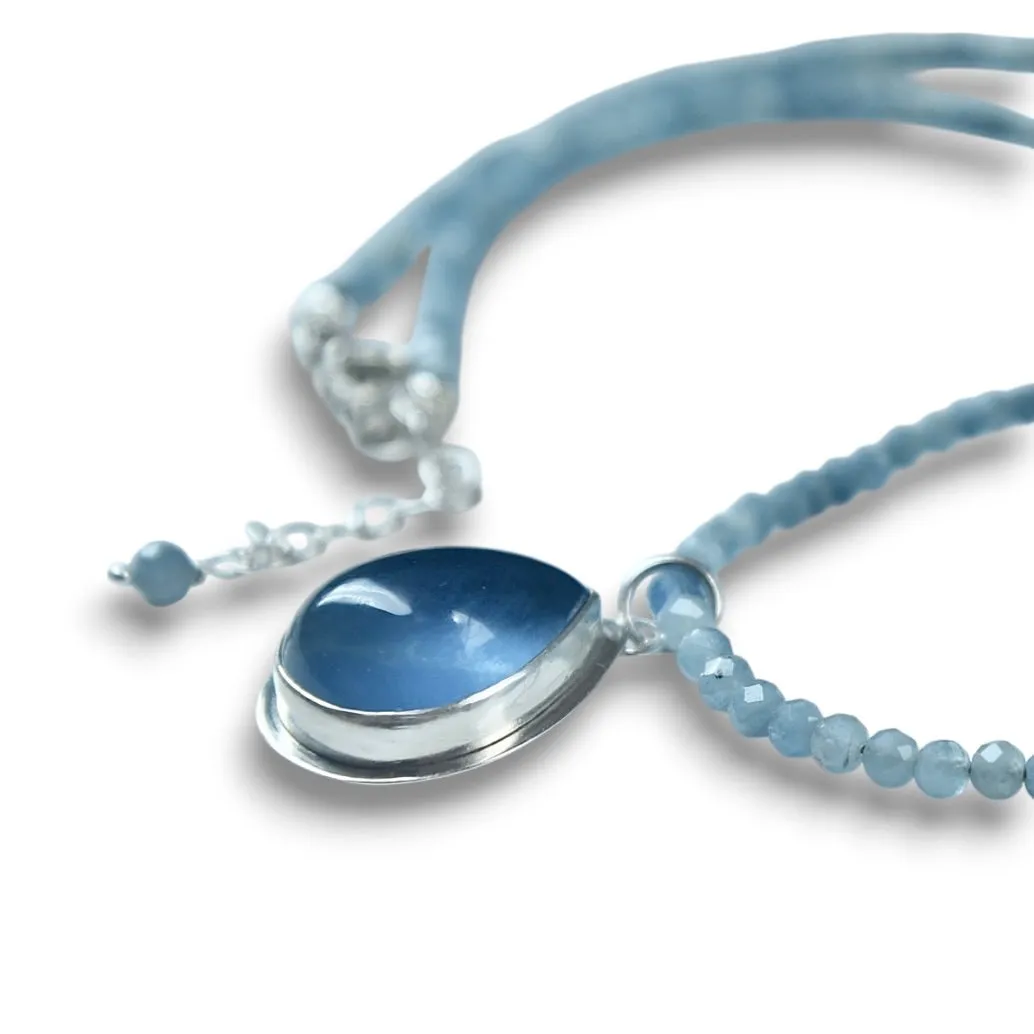 TEAL FLUORITE STERLING PENDANT ON AQUAMARINE NECKLACE