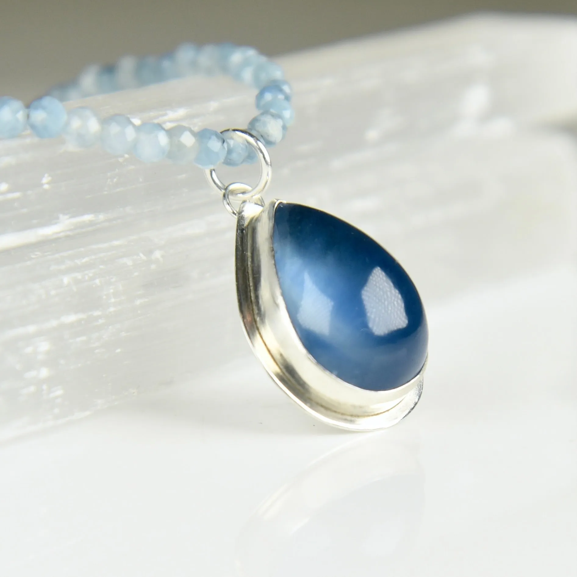 TEAL FLUORITE STERLING PENDANT ON AQUAMARINE NECKLACE