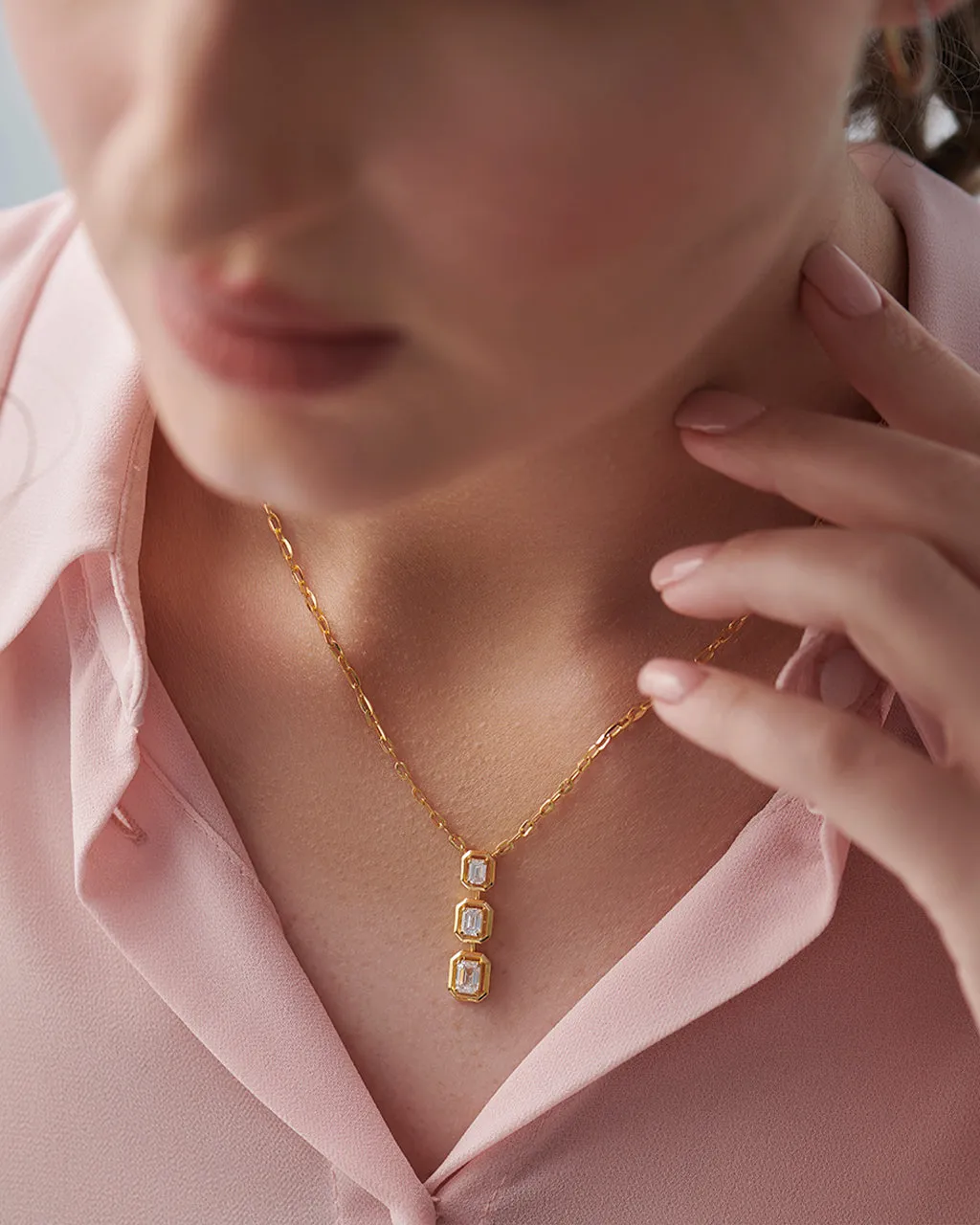 Three Stone Emerald Solitaire Necklace