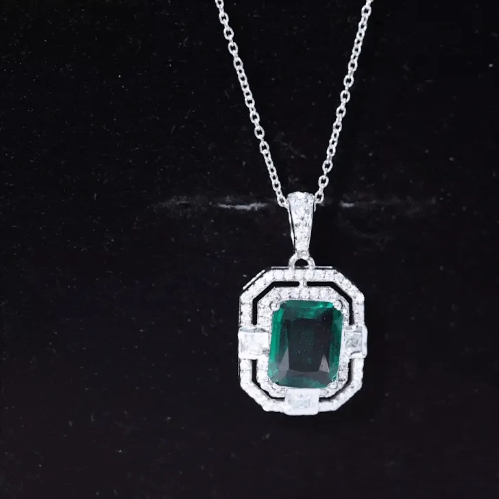 Vintage Inspired Octagon Cut Created Emerald and Moissanite Pendant