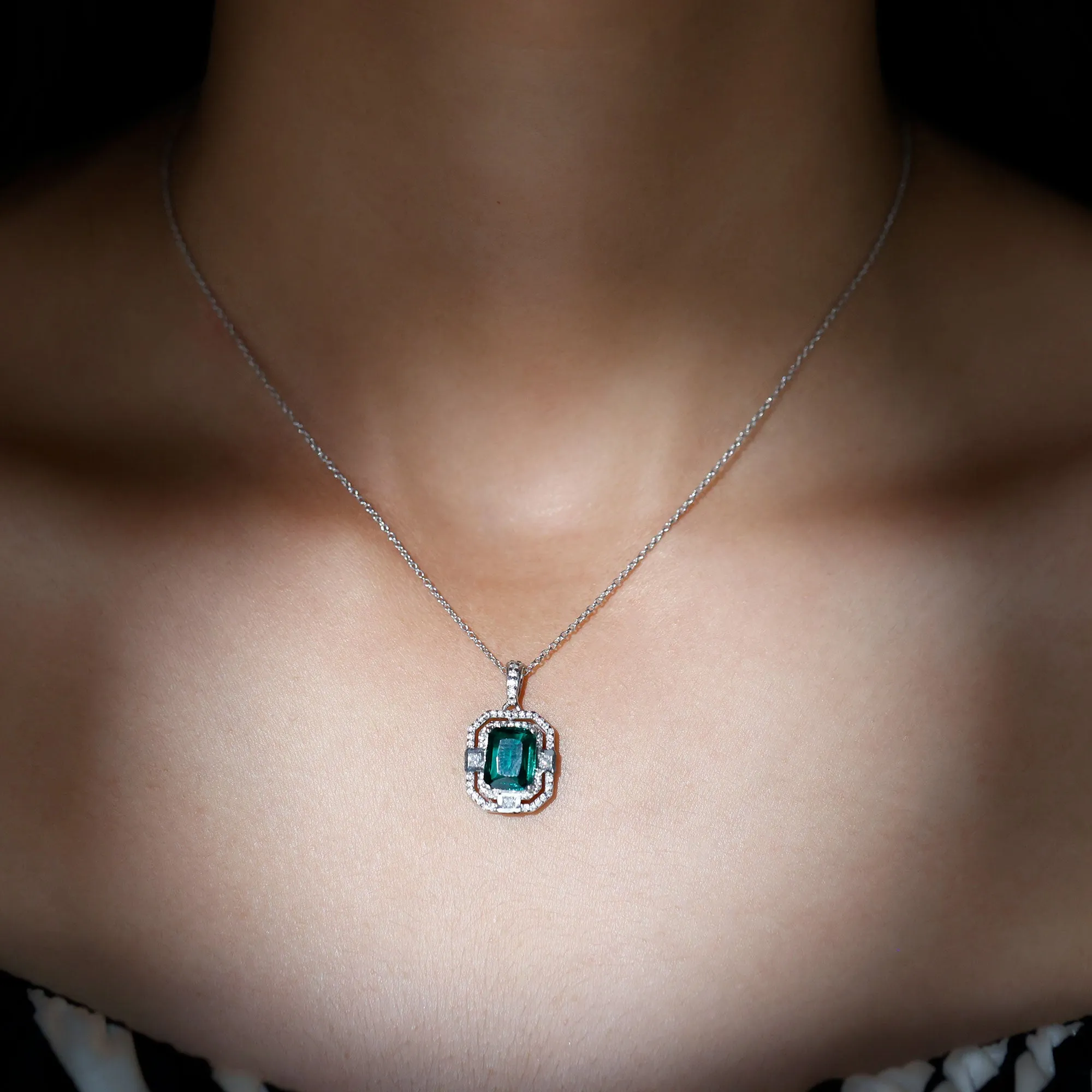 Vintage Inspired Octagon Cut Created Emerald and Moissanite Pendant