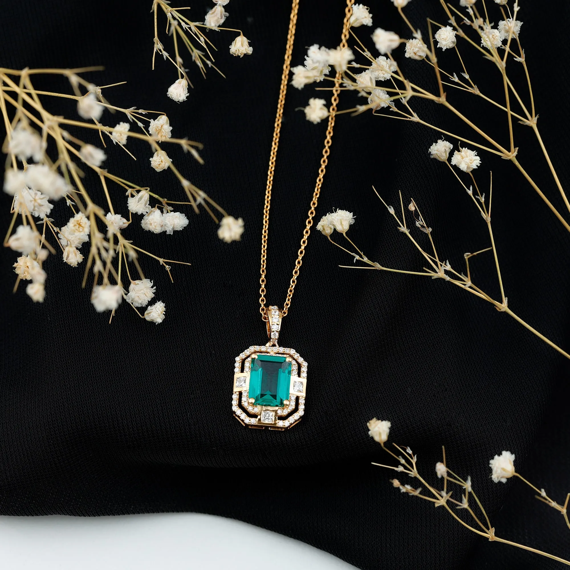 Vintage Inspired Octagon Cut Created Emerald and Moissanite Pendant