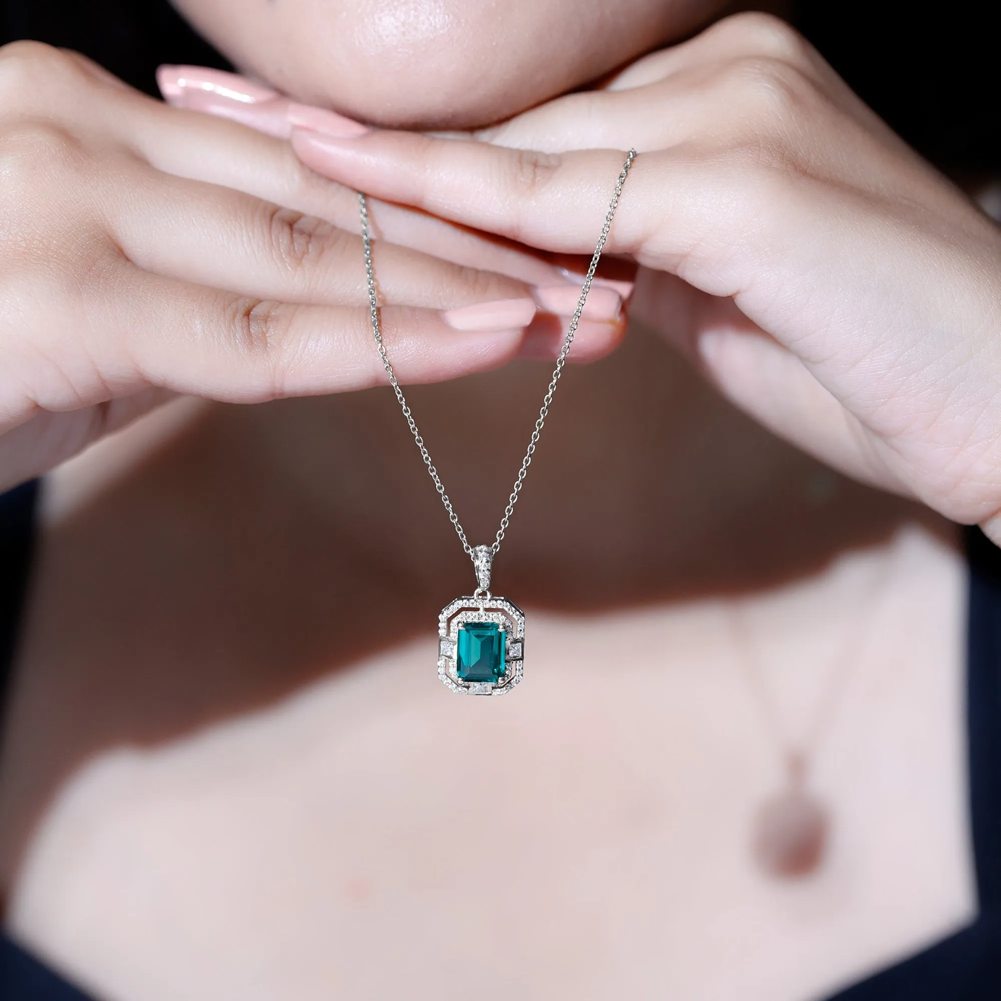 Vintage Inspired Octagon Cut Created Emerald and Moissanite Pendant