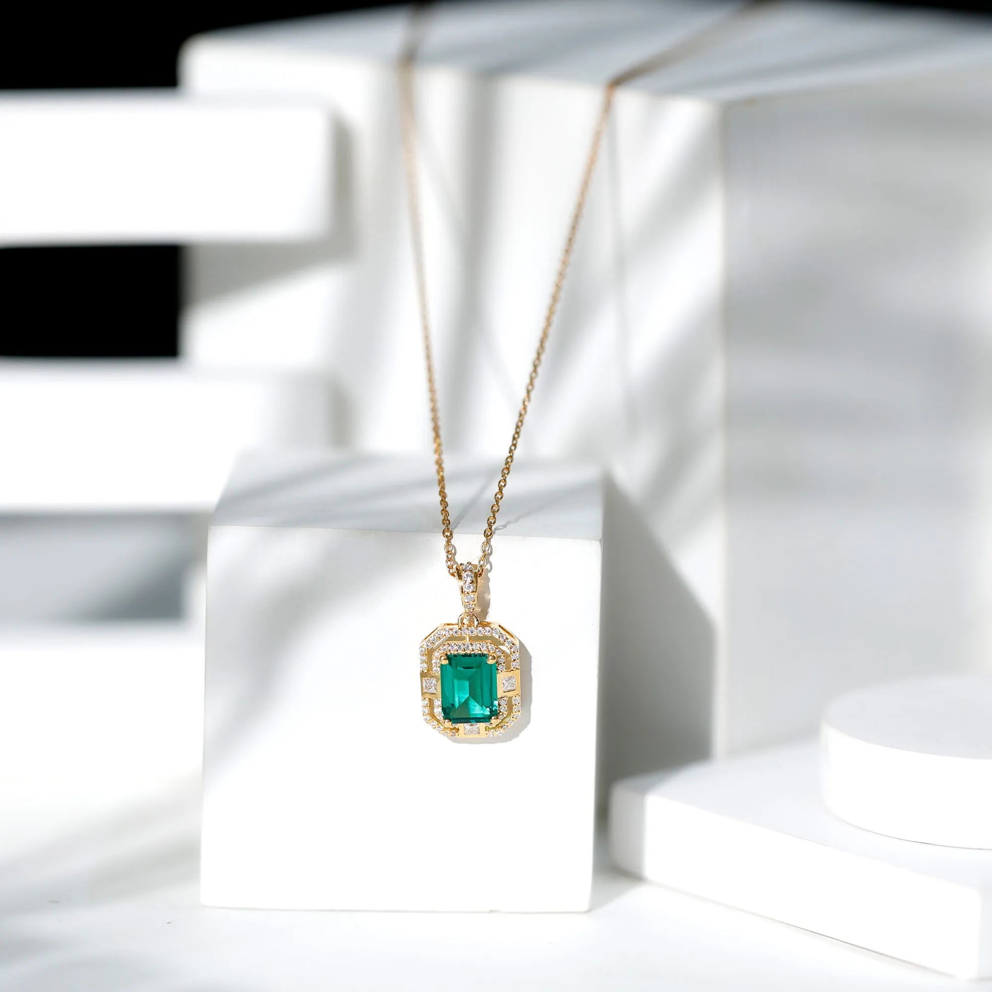 Vintage Inspired Octagon Cut Created Emerald and Moissanite Pendant