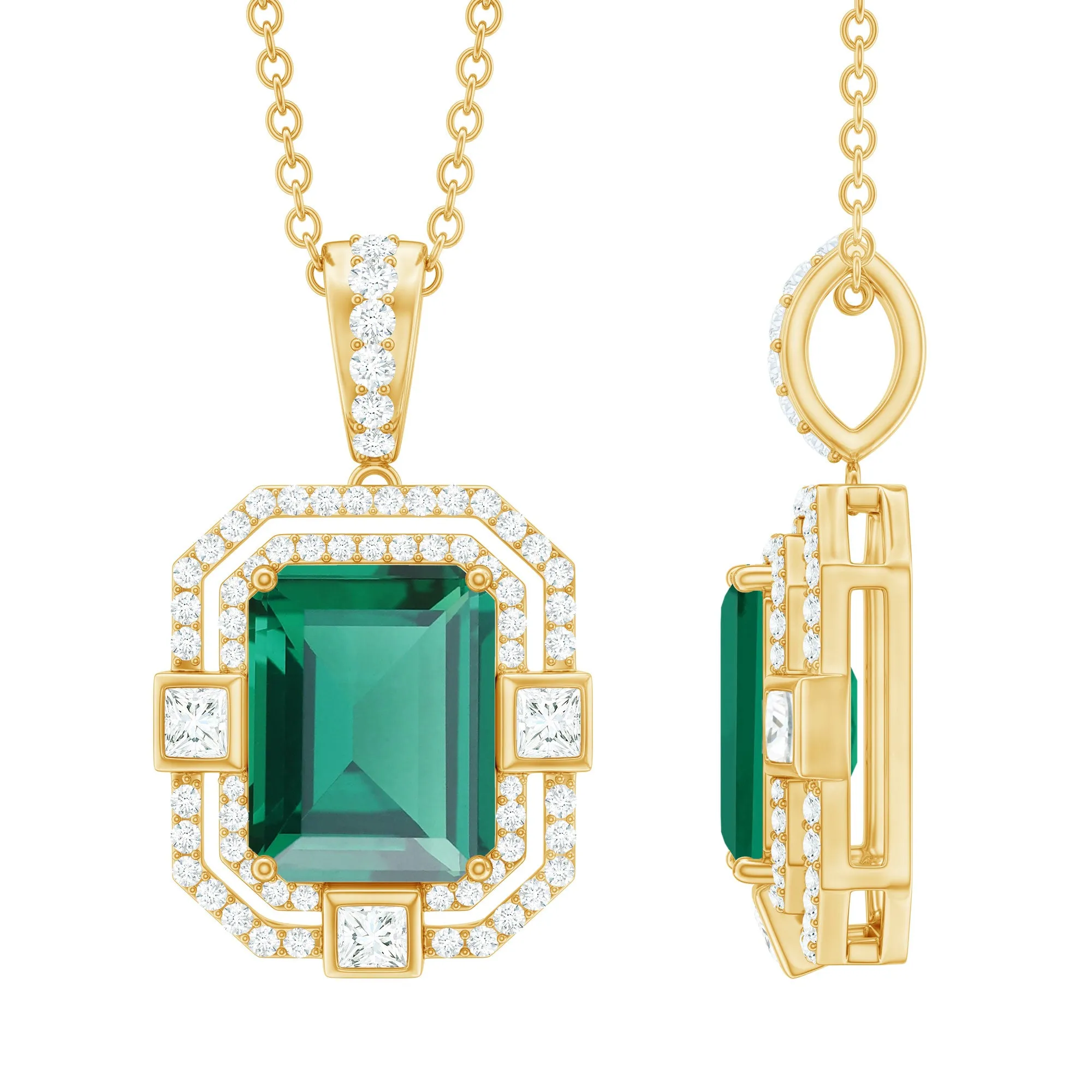 Vintage Inspired Octagon Cut Created Emerald and Moissanite Pendant