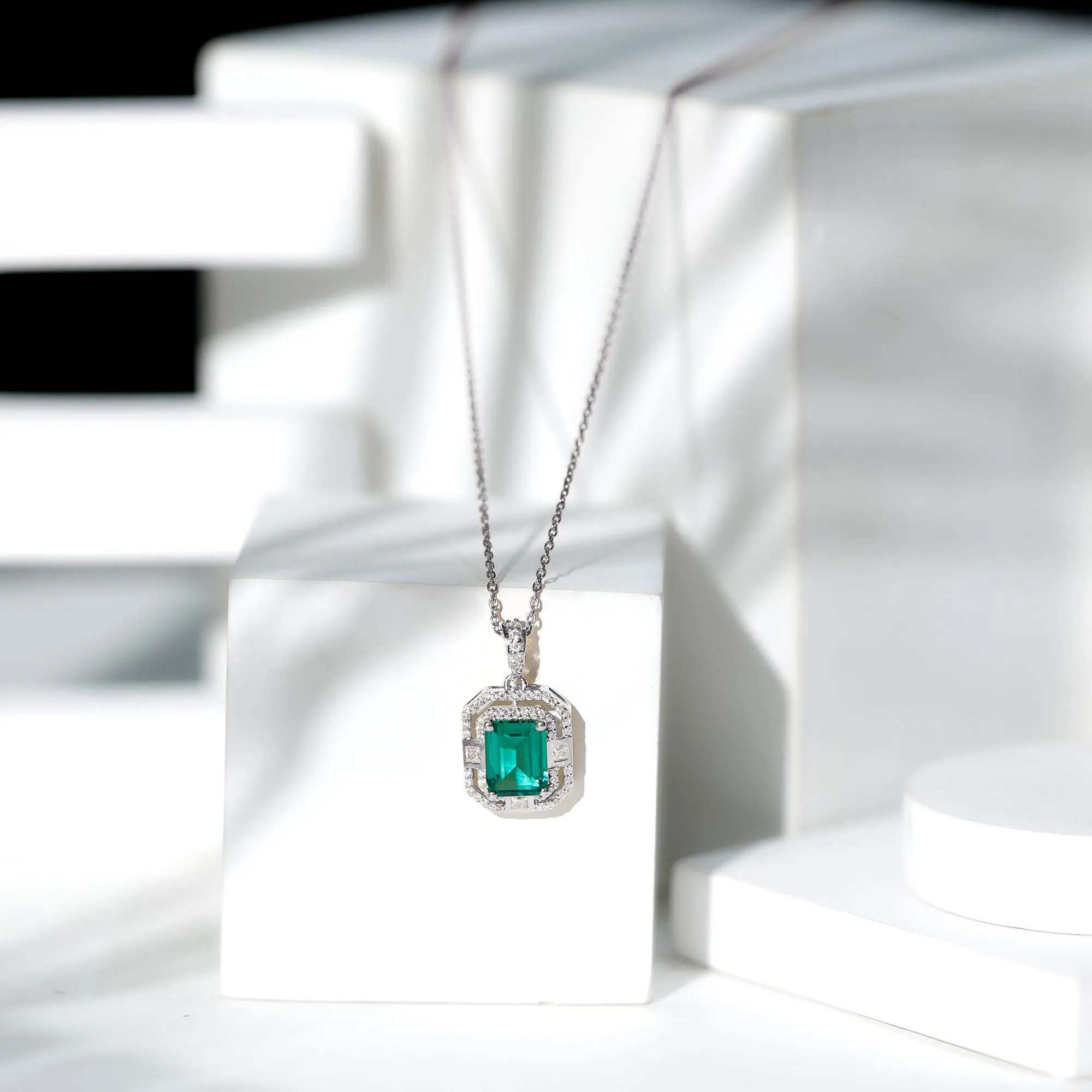 Vintage Inspired Octagon Cut Created Emerald and Moissanite Pendant